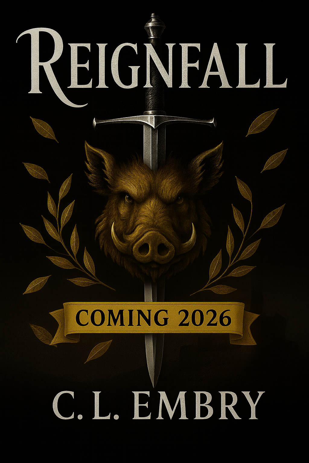 Book cover for 'Reignfall' by C. L. Embry, featuring a boar's head with a sword through it, surrounded by gold leaves, and a banner that says 'Coming 2026'.