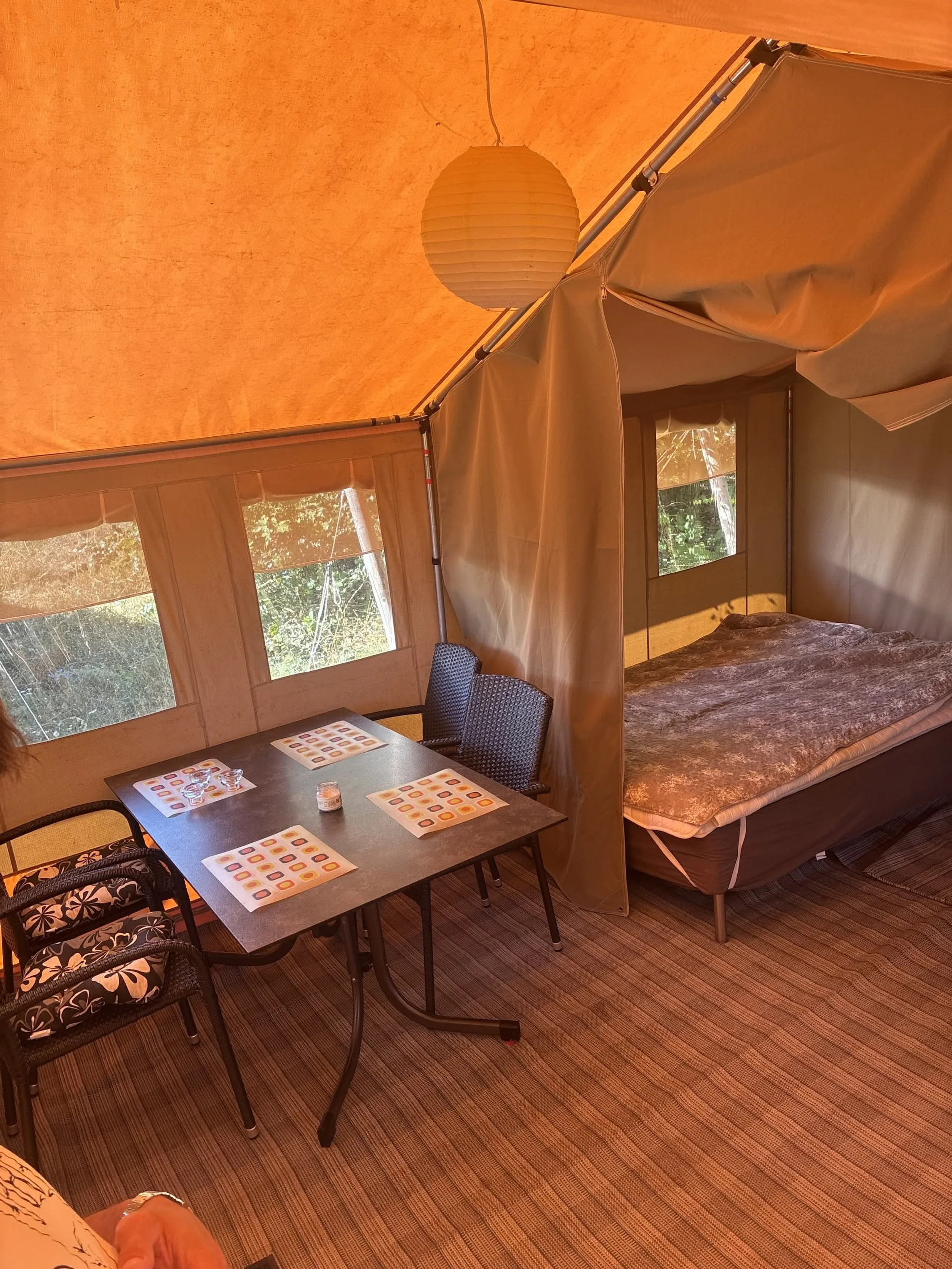 Indendørs campinghytte med et bord, fire stole, en seng og vinduer, der vender mod skoven, lyse trævægge og en rødlampe.