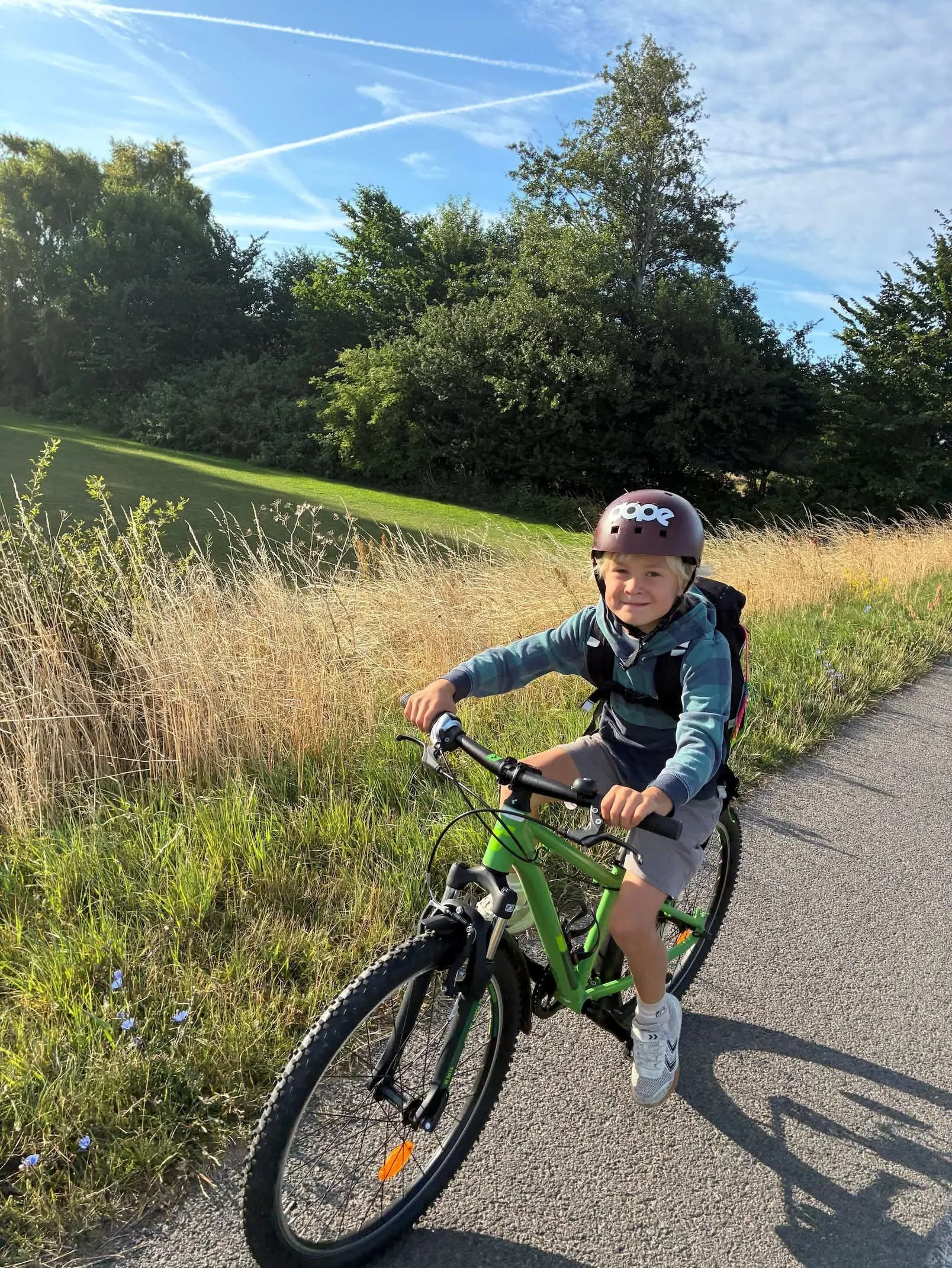 Ung dreng cykler på en vej omringet af natur med græs, buske og træer, under en blå himmel.