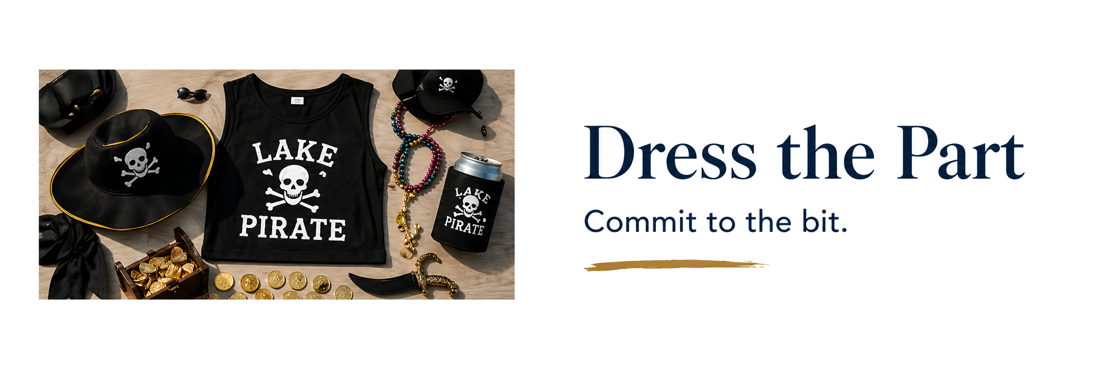 A display of pirate-themed accessories and clothing, including a black hat with a skull and crossbones, a black tank top with 'Lake Pirate' and a skull graphic, sunglasses, beaded necklaces, a can cozy with skull and crossbones, a small dagger, and gold coins, alongside text reading 'Dress the Part: Commit to the bit.'