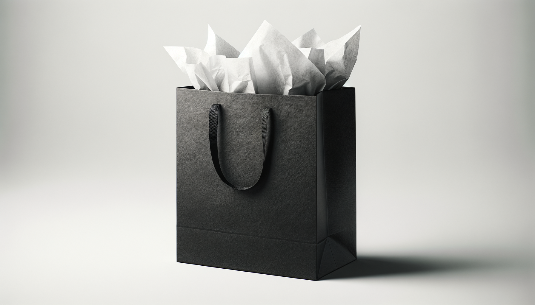Black gift bag with handles, filled with white tissue paper, on a plain gray background.