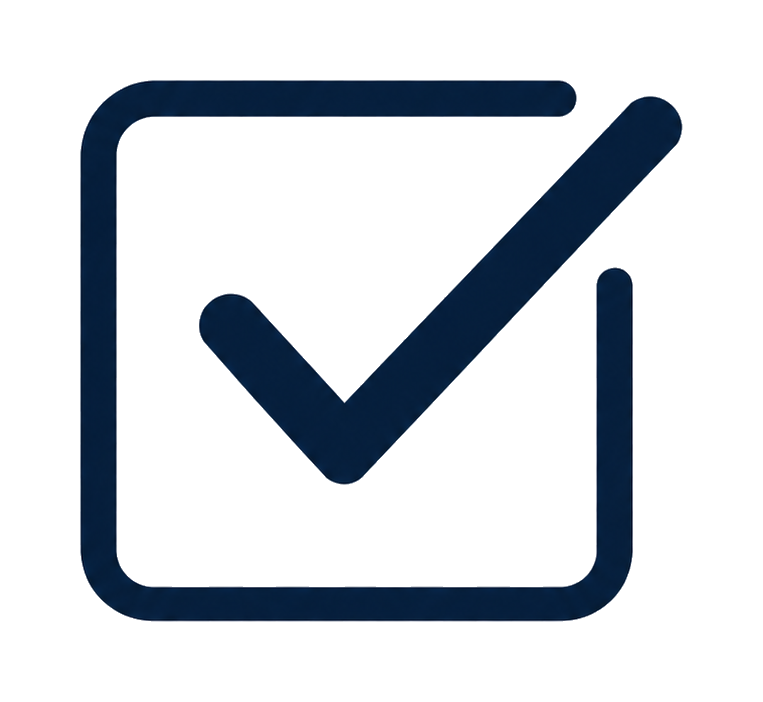 A dark blue checkmark inside a rounded square outline, representing completion or approval.