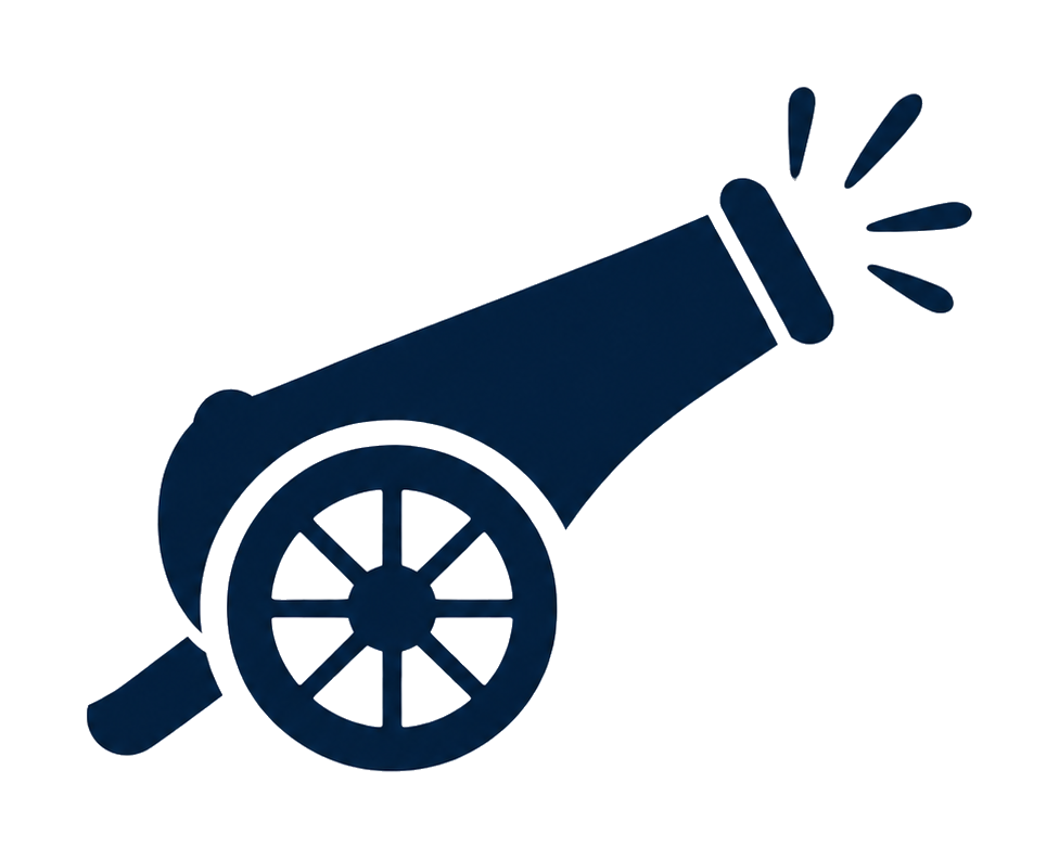 A stylized digital illustration of a dark blue cannon with cartoonish explosion lines coming out of the barrel, and a background of a light gray platform.