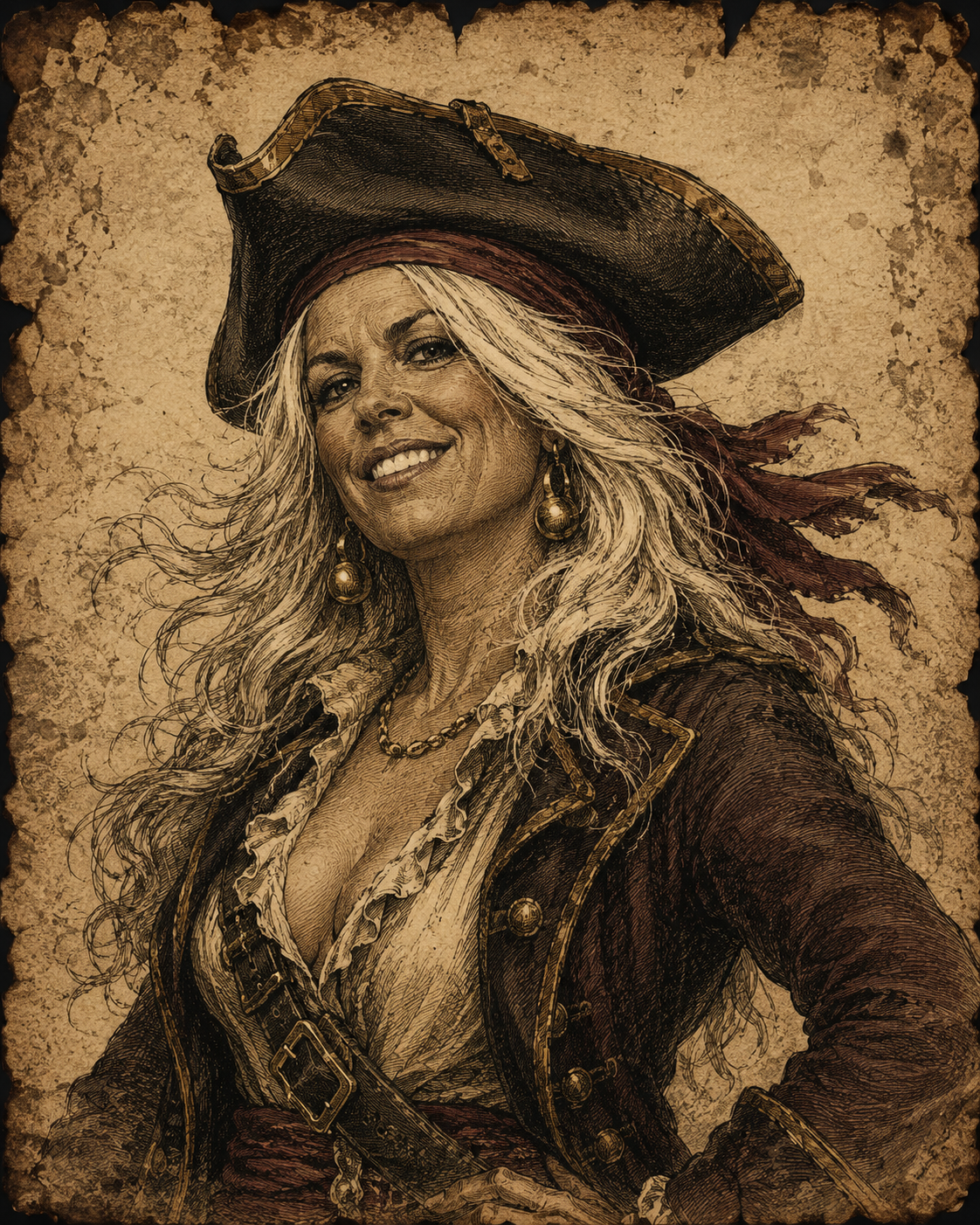 A woman dressed as a pirate, wearing a large hat, earrings, and a leather jacket, with long, curly hair, smiling confidently, depicted in a historical, vintage style.