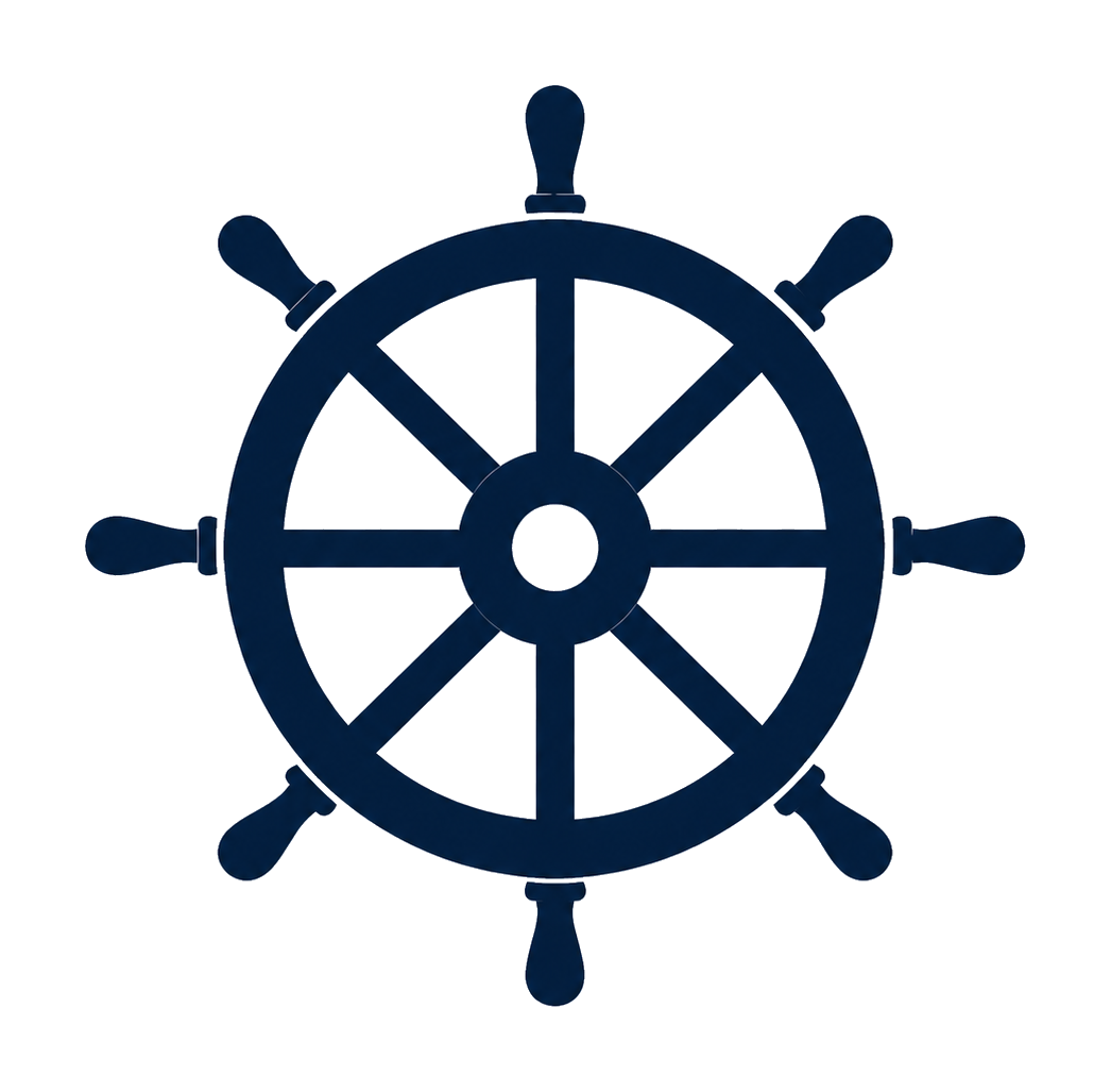 Nautical ship wheel with eight handles, painted dark blue.