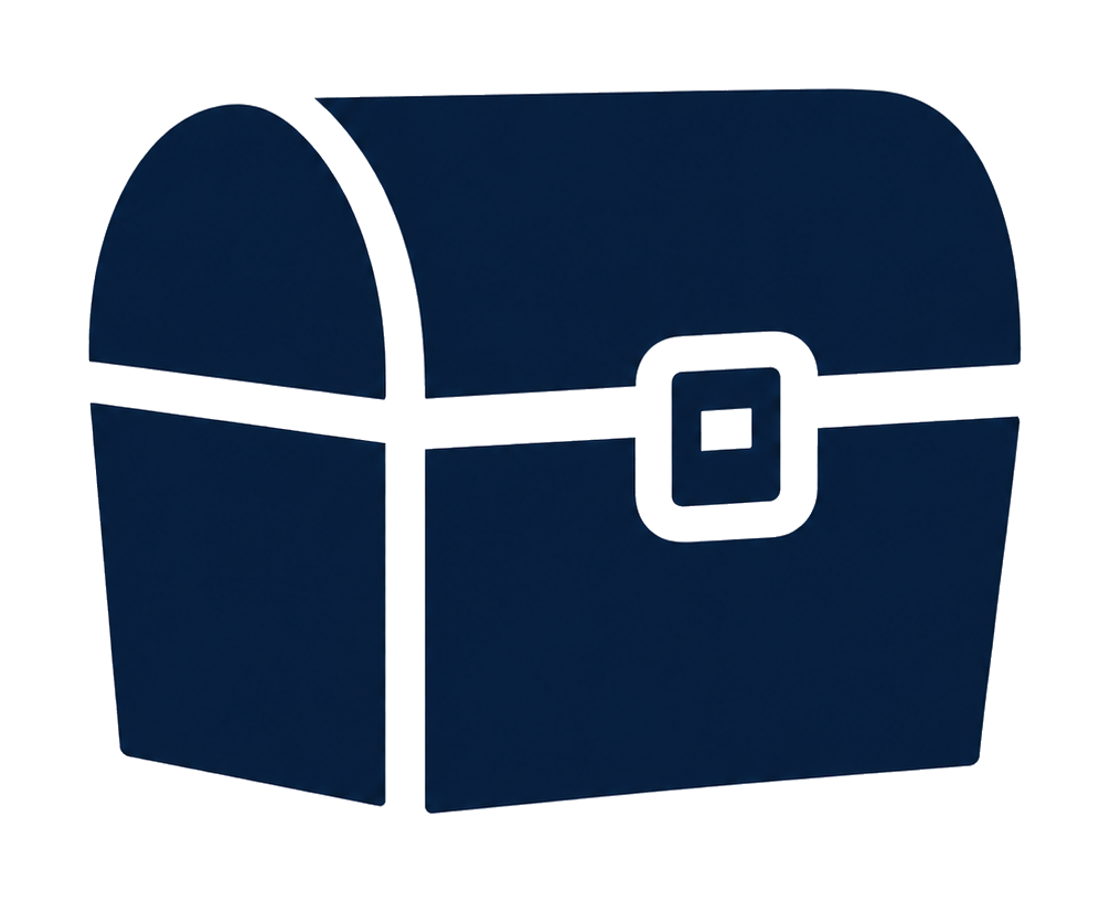 A dark blue chest with a white belt and buckle, resembling a treasure chest or storage box.
