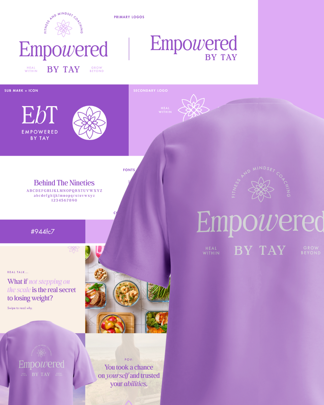 Design layout featuring the brand name 'Empowered by Tay' in lavender, logo with a lotus flower, tagline strategies, and promotional content about health, mindset coaching, and weight loss.