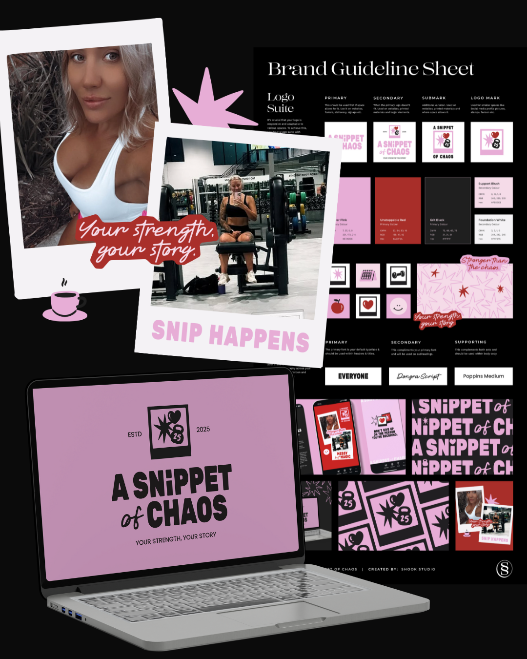 Collage of branding materials, including a logo with a heart and star, a woman in workout attire taking a mirror selfie, a woman at the gym, and a laptop screen with the text "A SNIPPET of CHAOS" and their slogan "Your strength, your story."
