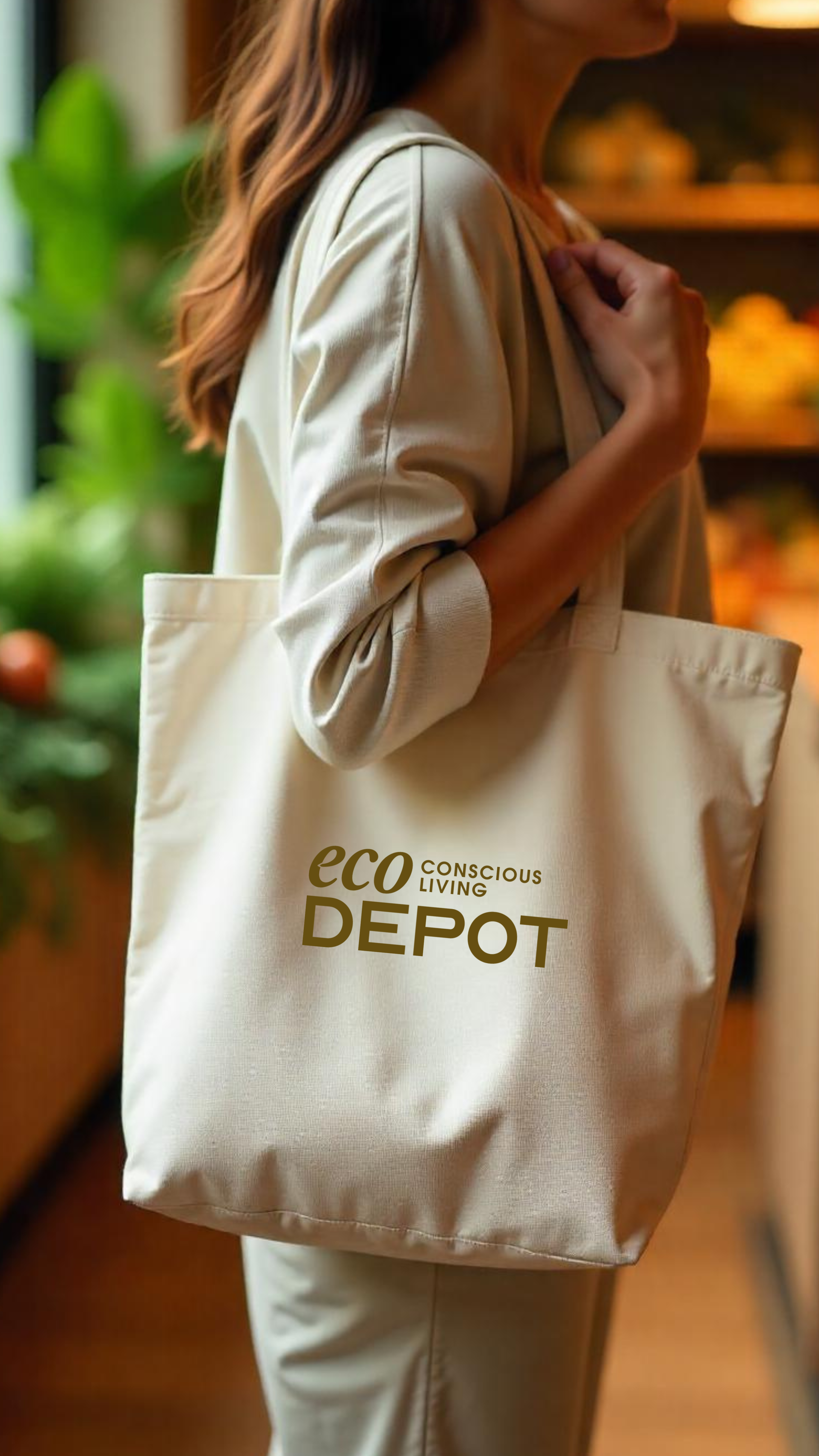 A woman carrying a beige tote bag with the words 'Eco Conscious Living Depot' printed on it, standing indoors in a grocery store or market.