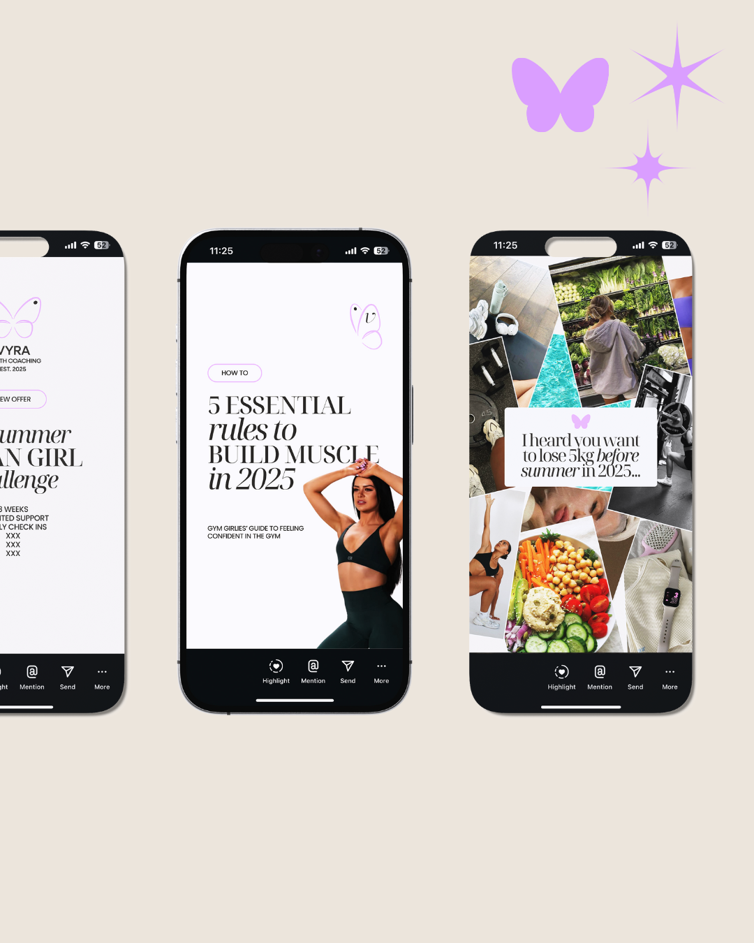 Three smartphone screens displaying social media posts with fitness, health, and lifestyle themes, surrounded by illustrations of a butterfly and stars.