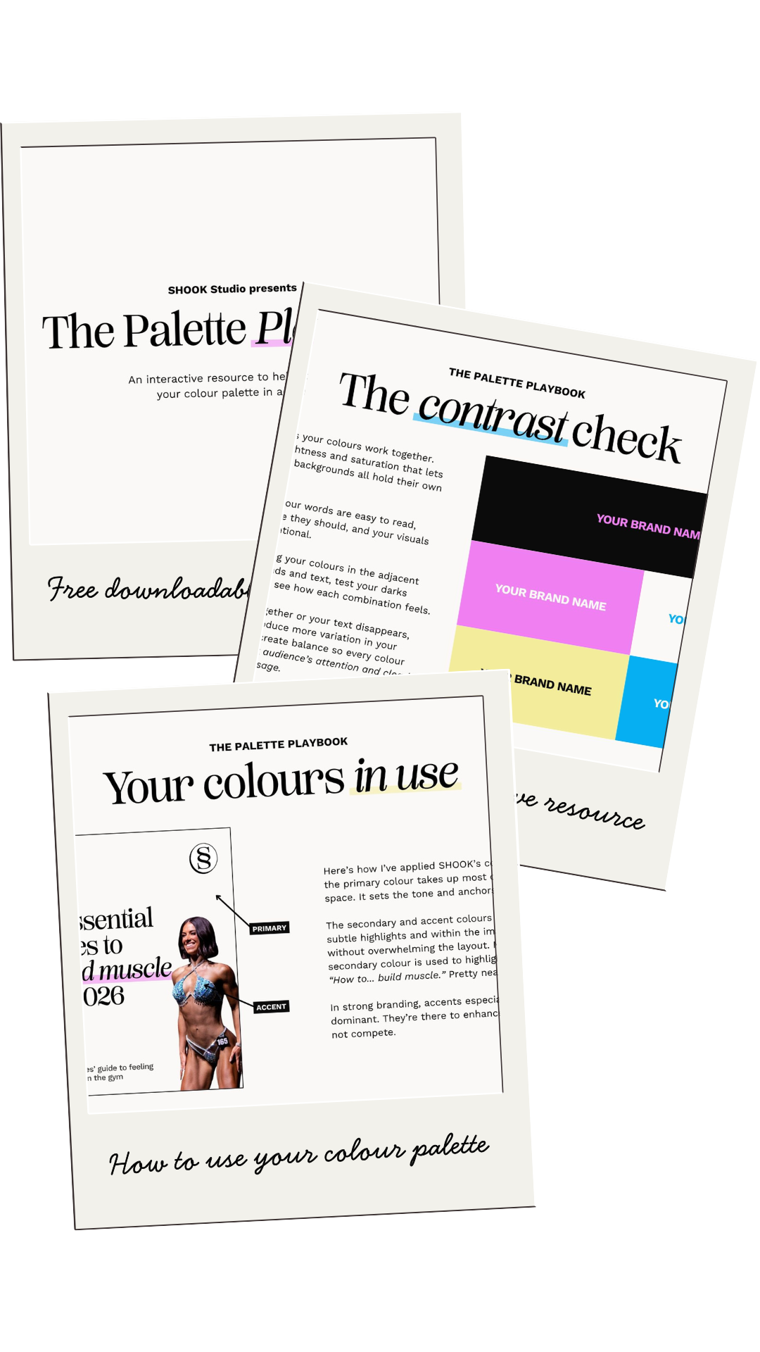 Three printed pages about color palettes, including sections on contrast, colors in use, and how to use your color palette, with colorful blocks and a woman in fitness attire on one page.