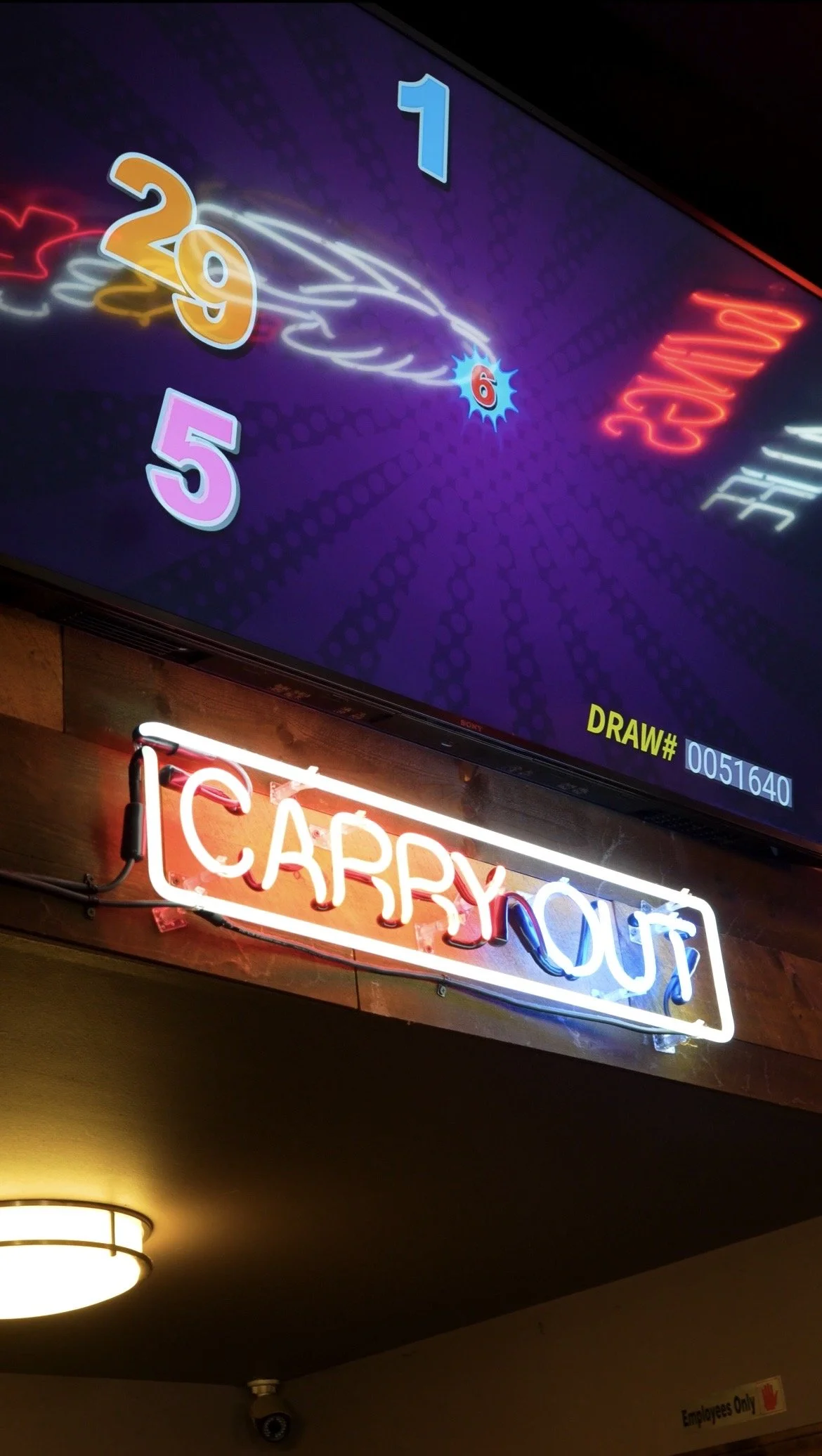 Neon sign reading 'CARRY OUT' in red and blue lights, mounted on a wooden wall.