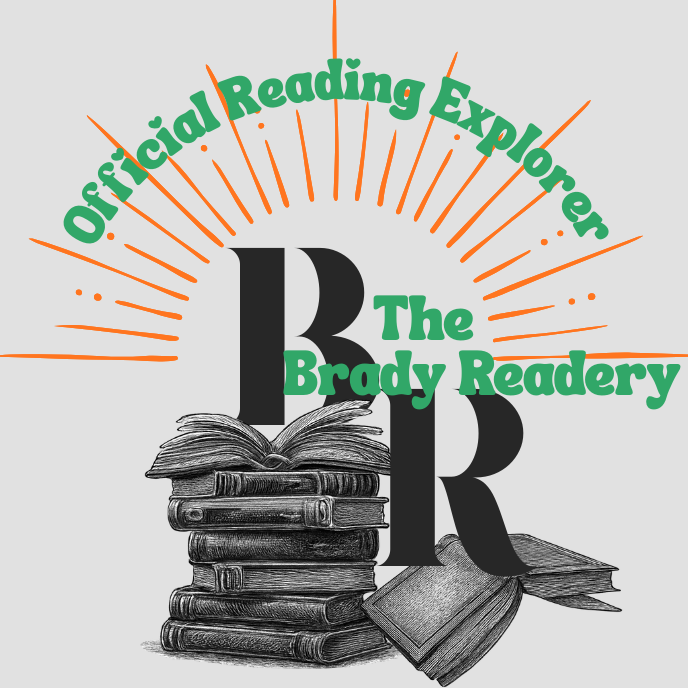 Logo for the Brady Readery featuring the text "Official Reading Explorers" and "The Brady Readery" with a stack of books and an open book on top, radiating orange lines.