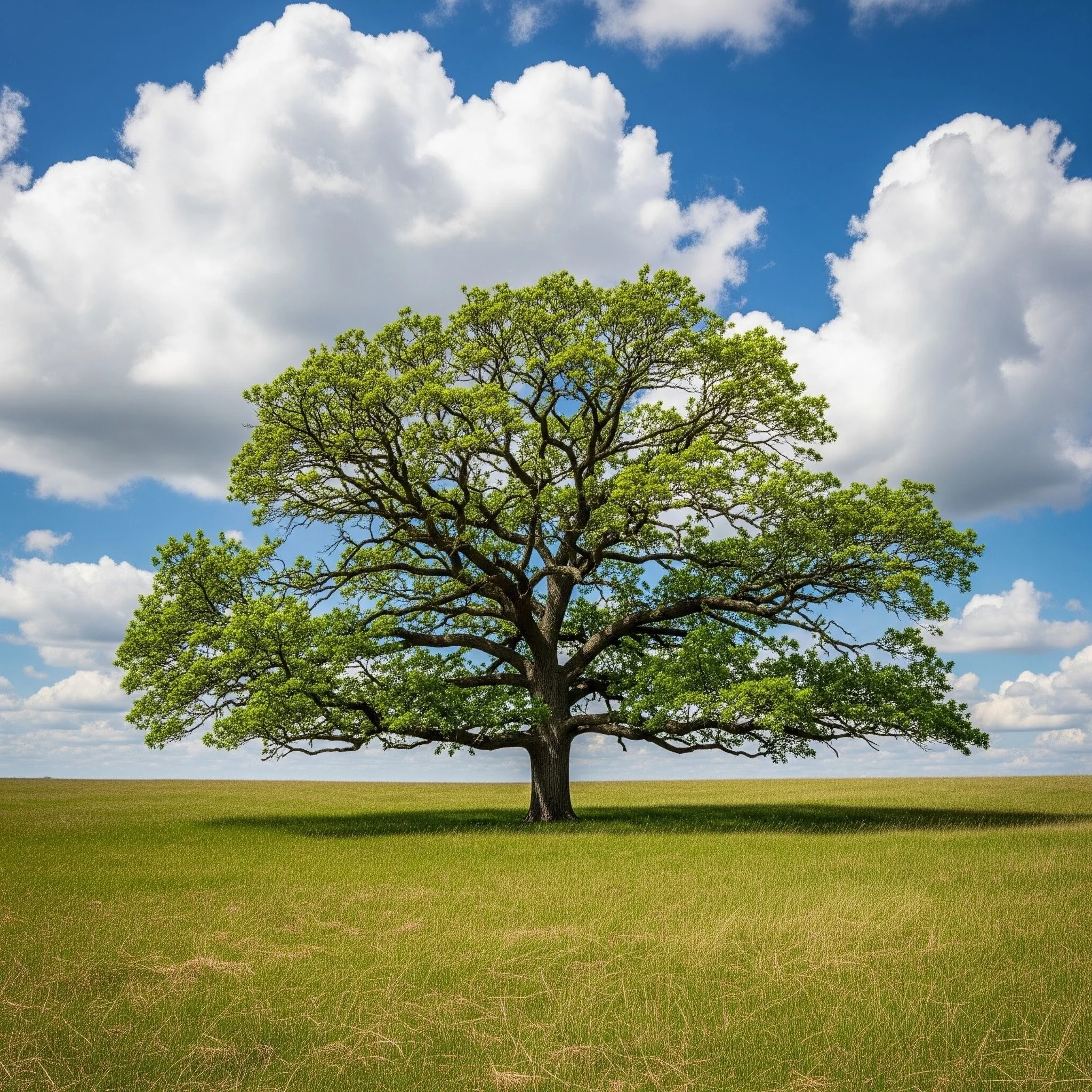 A large green tree with a full canopy stands alone in an open grassy field under a bright blue sky with scattered white clouds.