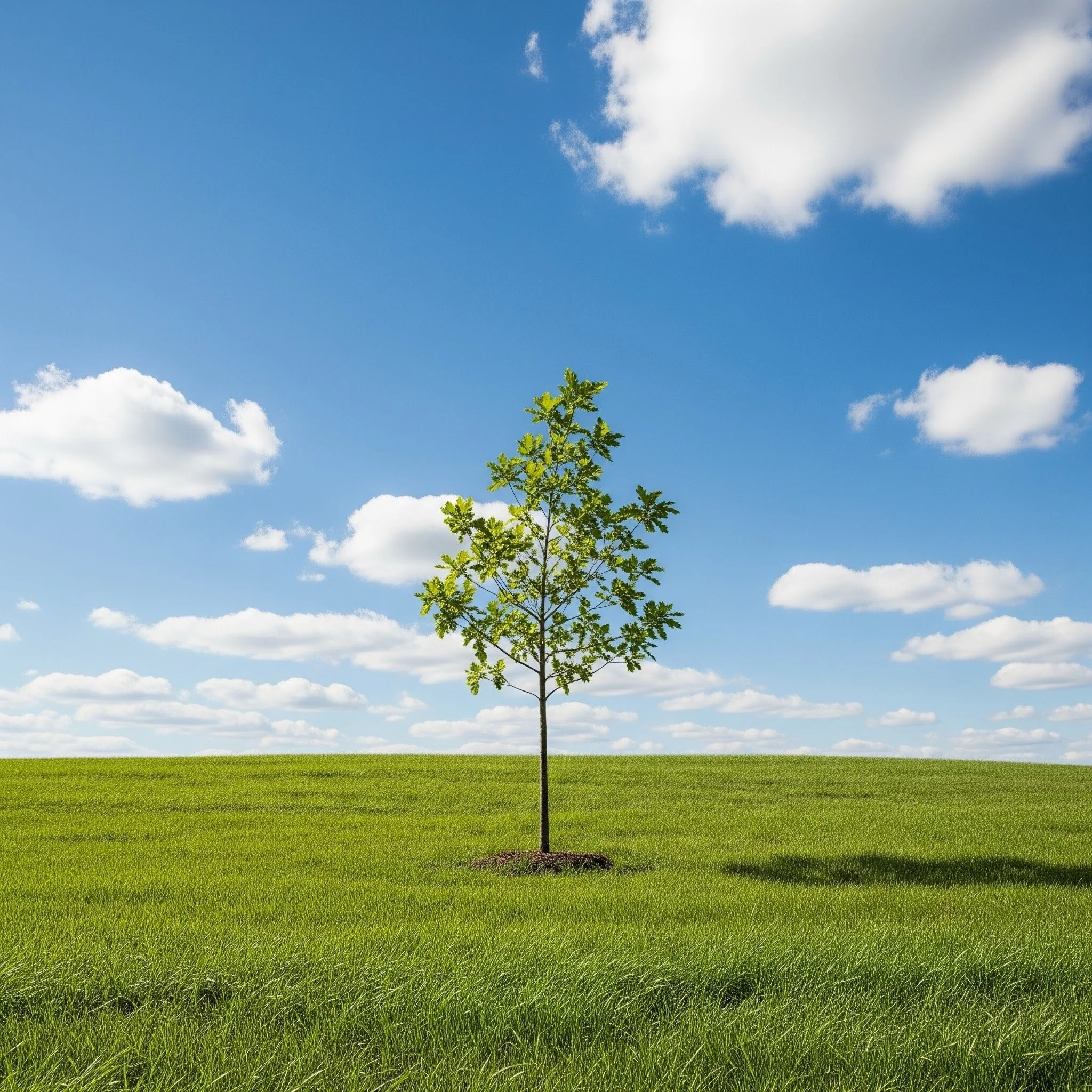 Single young tree in a green field under a blue sky with white clouds.