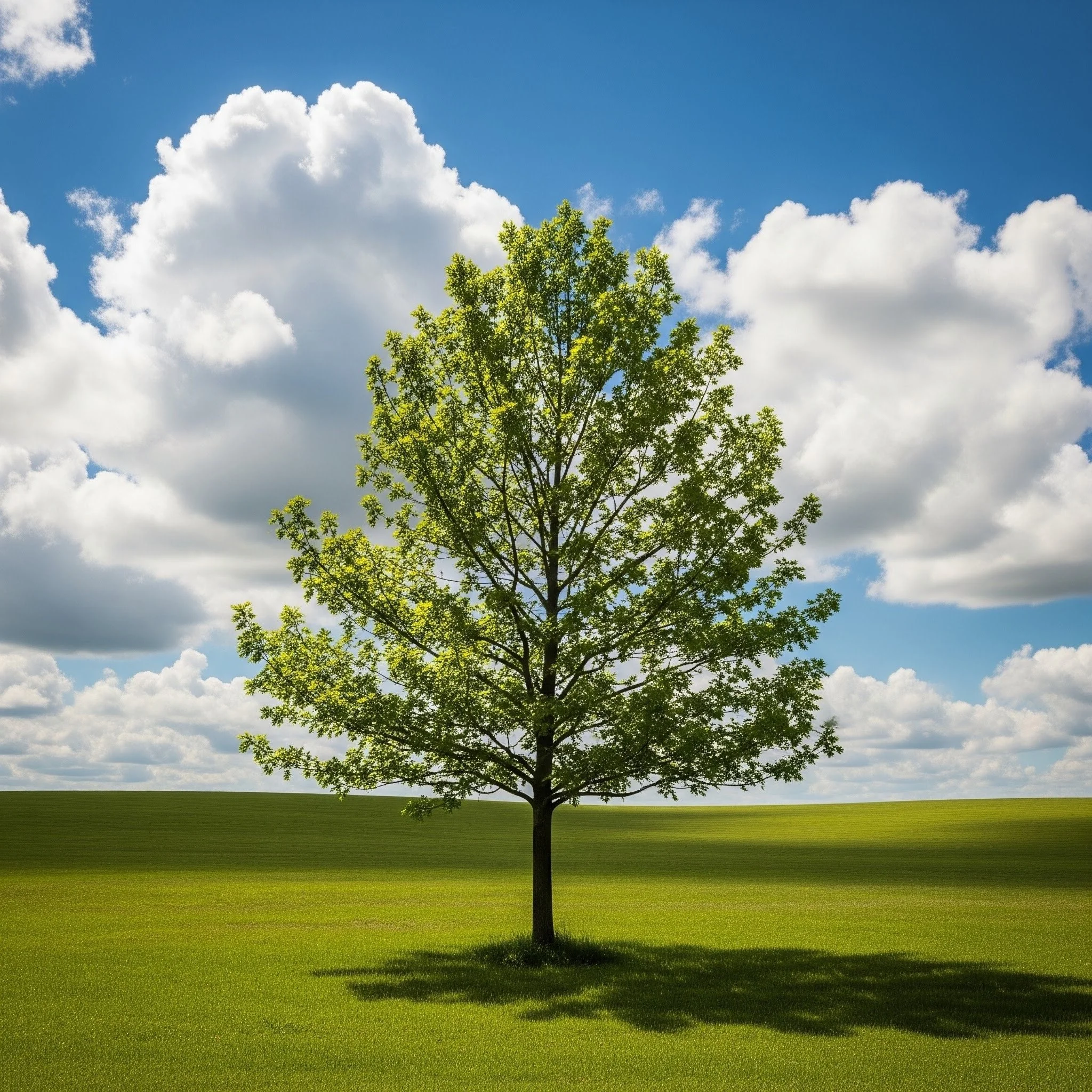 A solitary green-leaved tree on a grassy field, with a blue sky and scattered white clouds in the background.