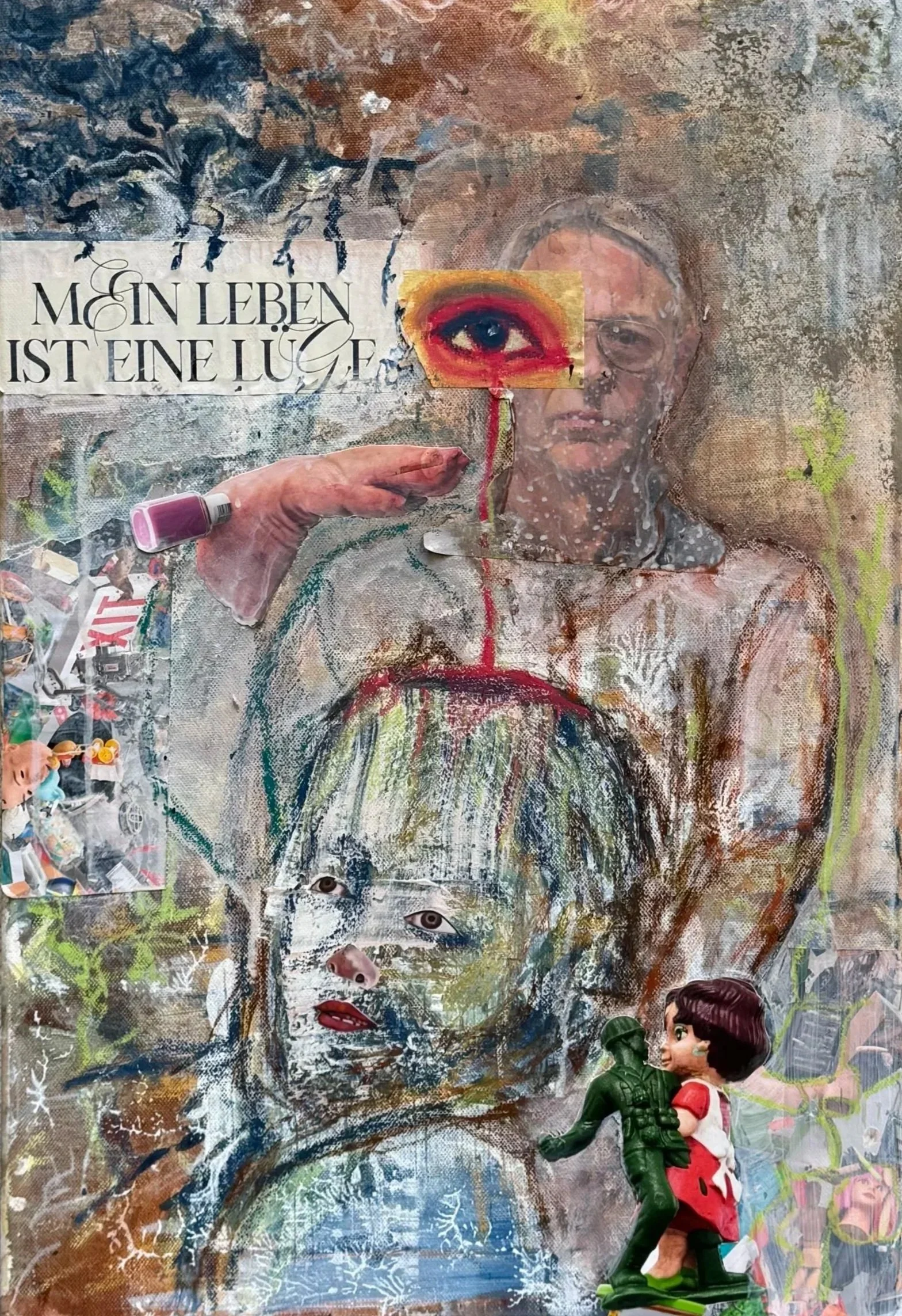 Collage mit Gesichtern, Spielfiguren und Konfliktmotiven; der Schriftzug „mein Leben ist eine Lüge“ ist integriert.