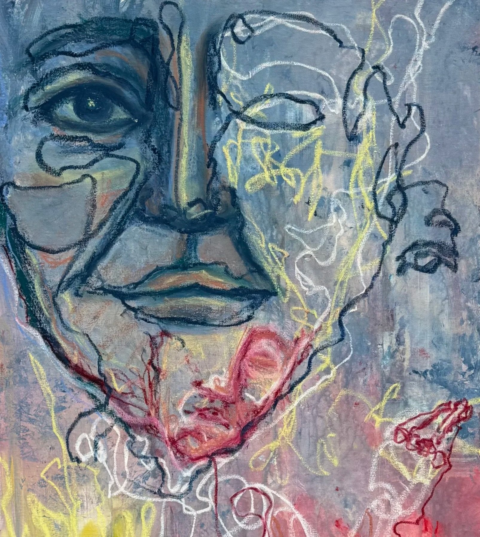 Zwei Gesichter gestaffelt in zarten Farben, eines wach und beobachtend, das andere ruhend.