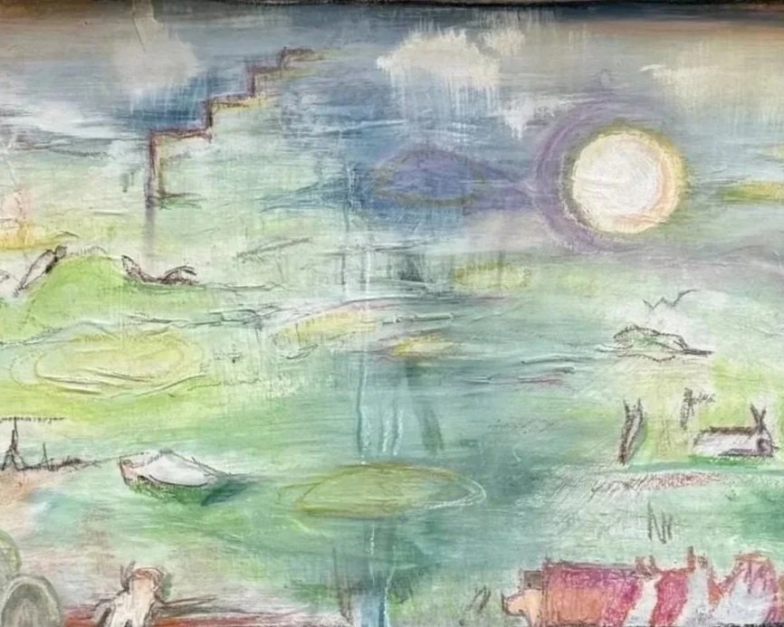 Eine abstrakte Landschaft mit Wasser, Pflanzen, Tieren und einer Sonne im Himmel.