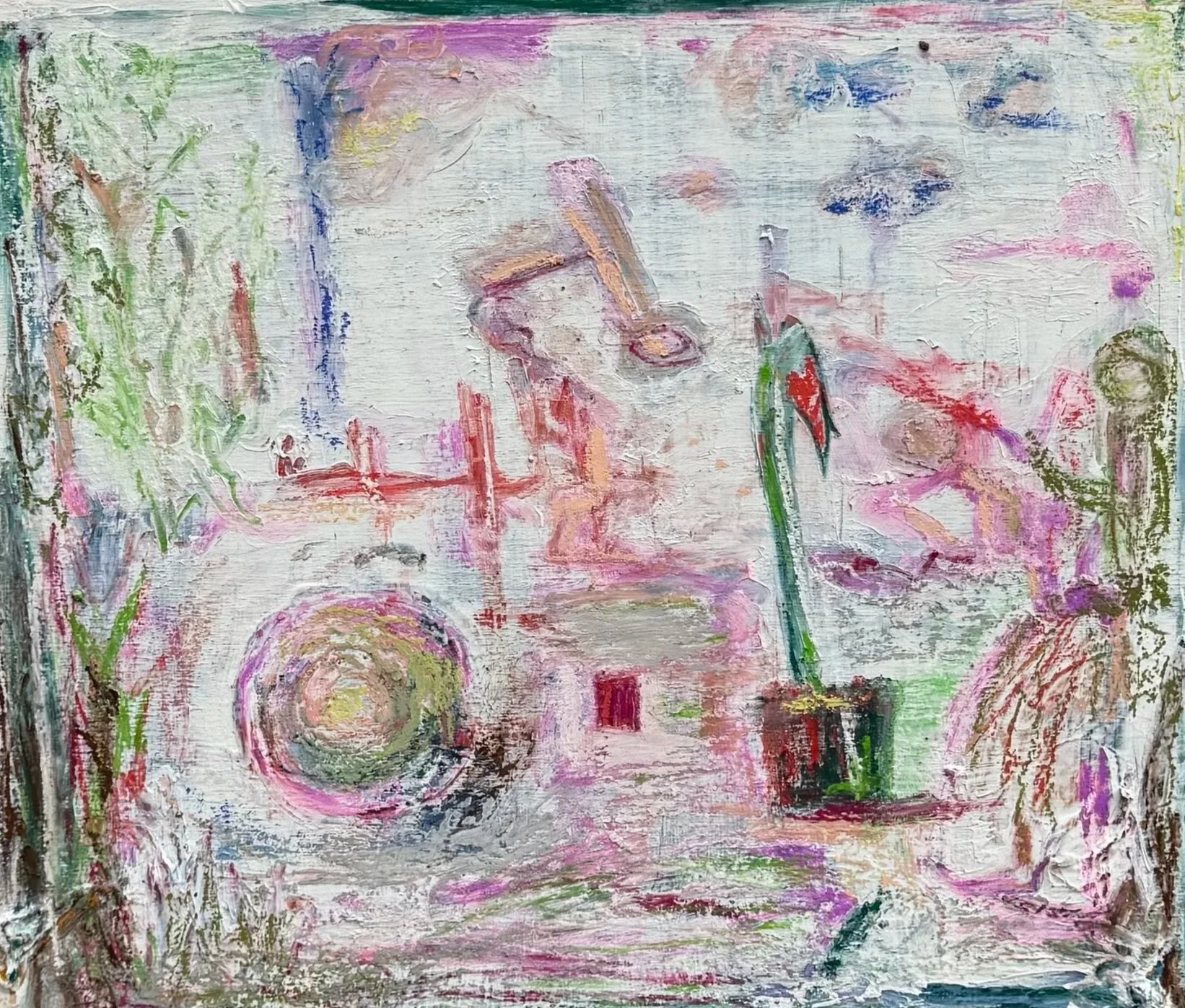 Abstrakte Farbebenen auf Holzpanel, weich übereinandergelegt; Linien lösen sich in Fläche auf.