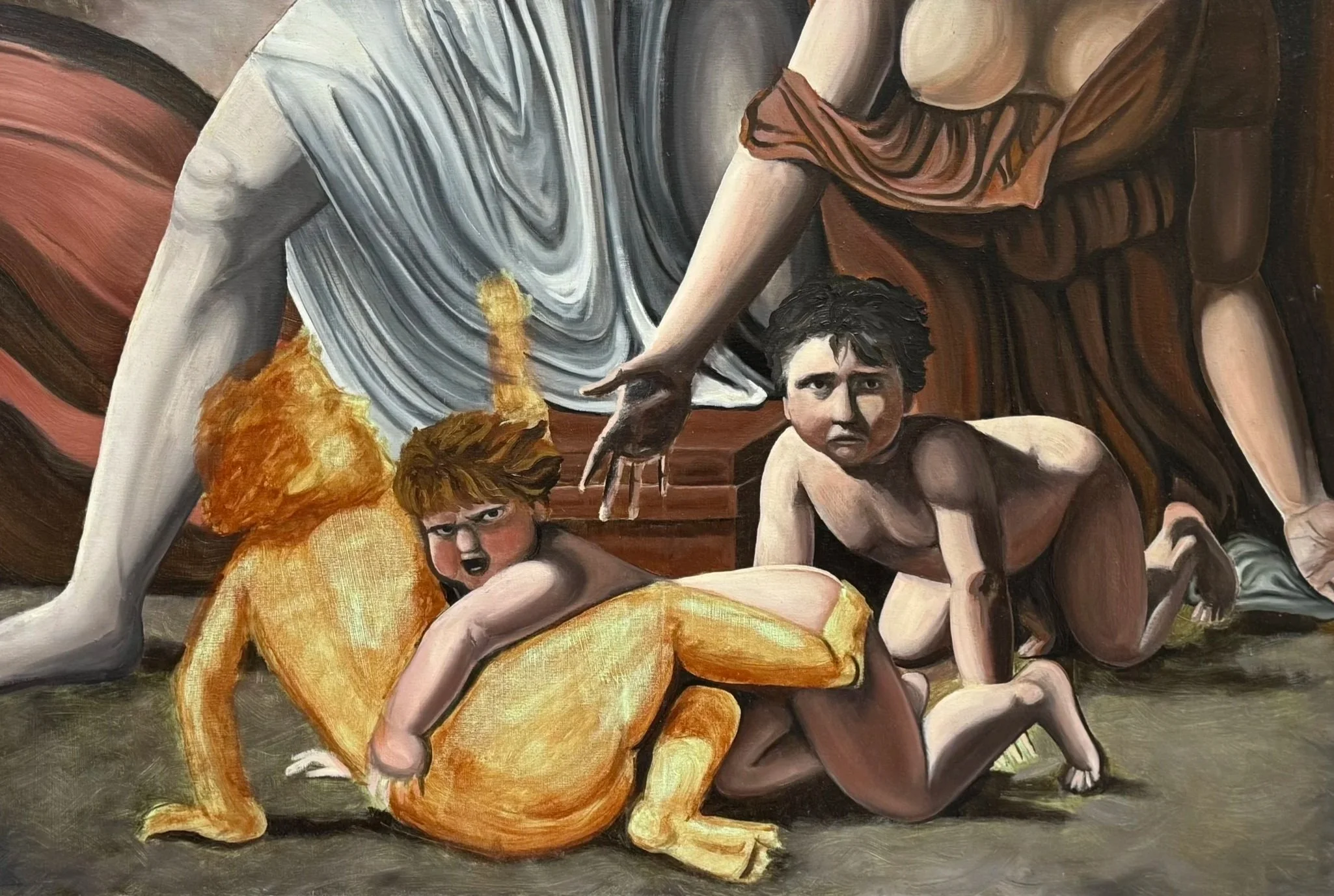 Drei kleine Kinder inmitten einer historischen Kriegsszene; Ausdruck zwischen Orientierungslosigkeit, Wut und Suche.