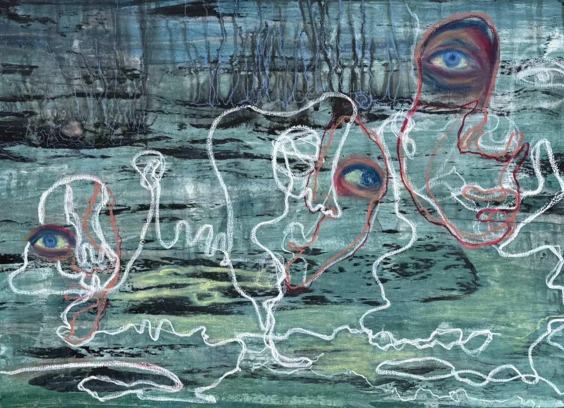 Drei aus verdichteten Linien gebildete Figuren, von denen jeweils ein Auge realistisch ausgearbeitet ist; Konstellation Mutter–Vater–Kind.