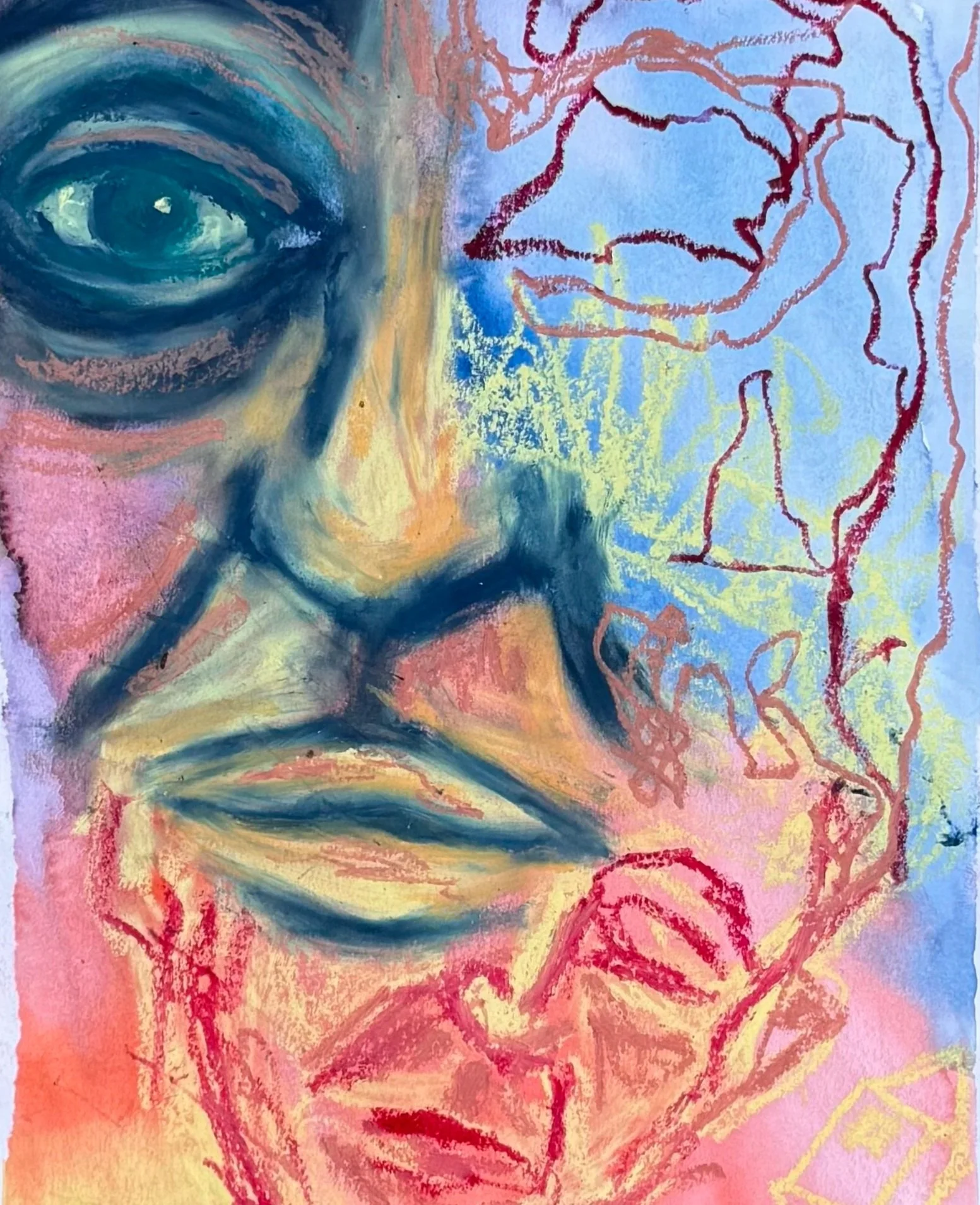 Zwei Gesichter übereinander, das obere wach, das untere schlafend, in einer fließenden Linienkomposition.