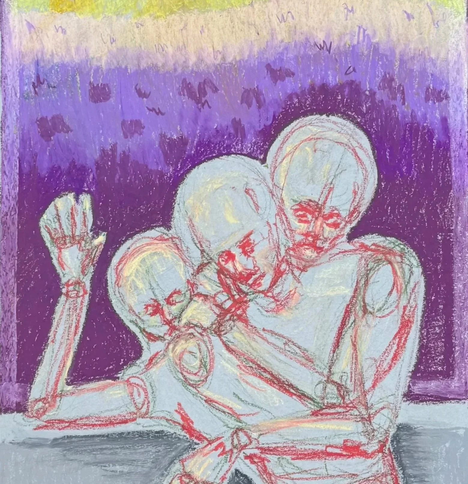 Drei Gesichter in einem Bild, unterschiedliche emotionale Zustände nebeneinander sichtbar.