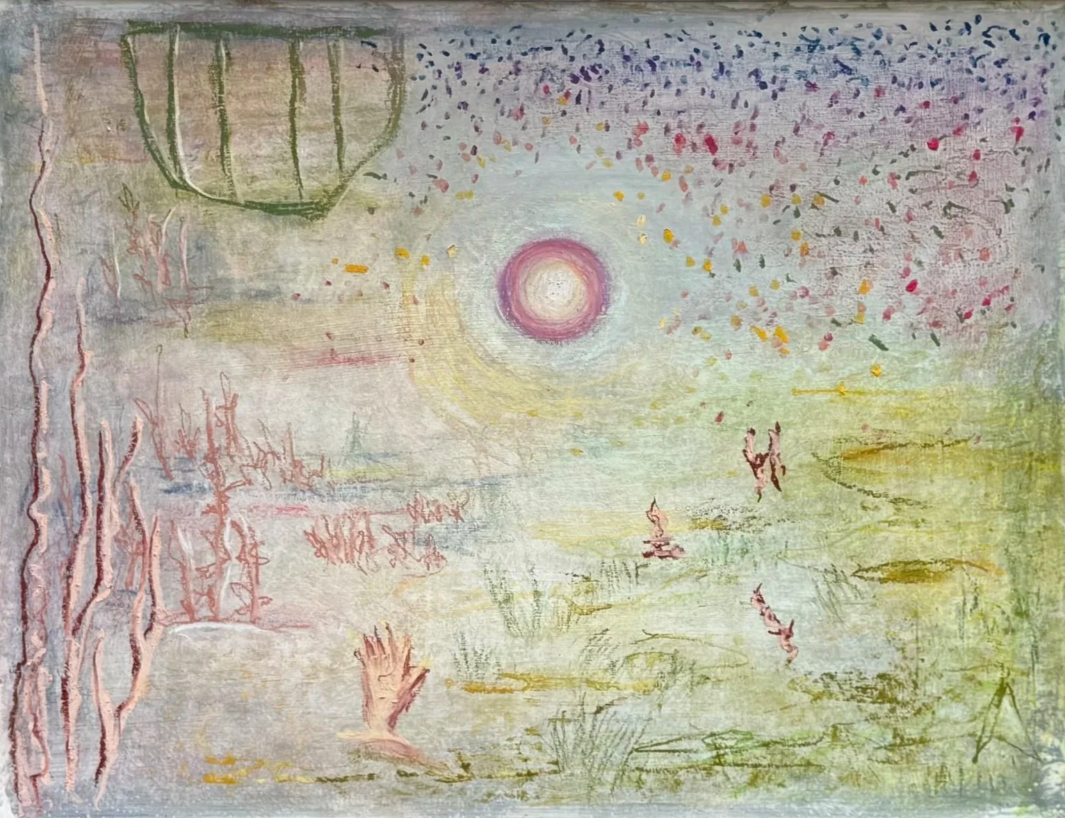 Kleinformatige abstrakte Komposition in gedämpften Farben; Konturen erscheinen und verschwinden.