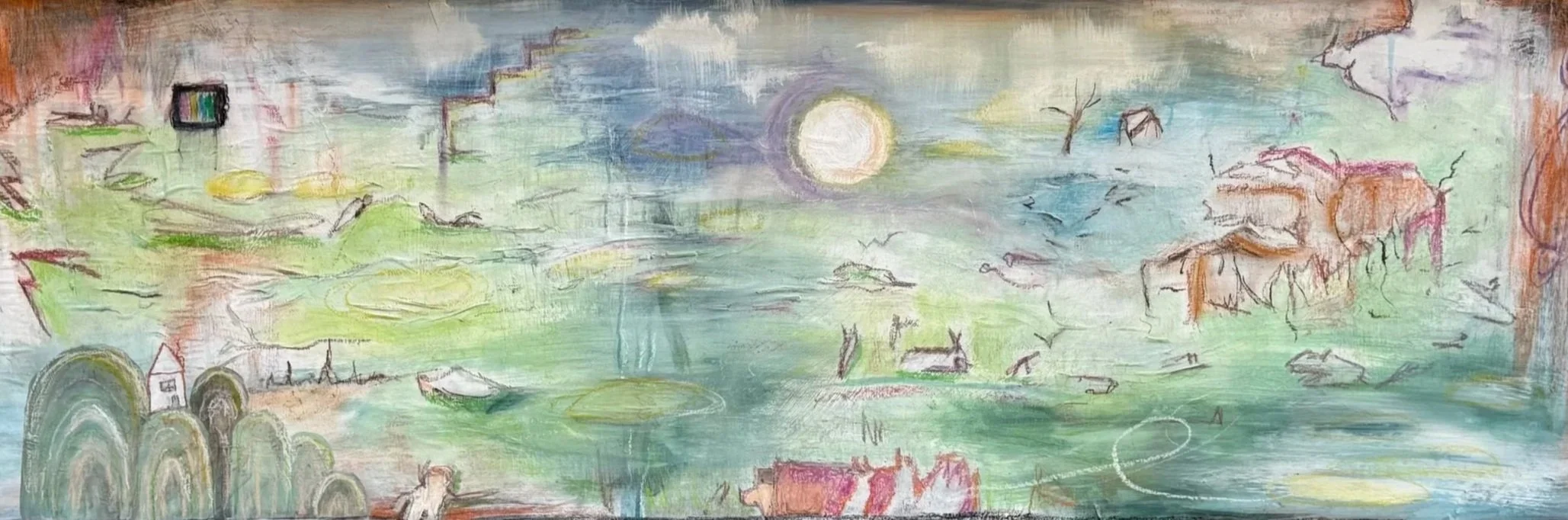 Großformatige abstrakte Fläche in fließenden Ebenen; Formen wirken wie Bewegungen im Nebel.