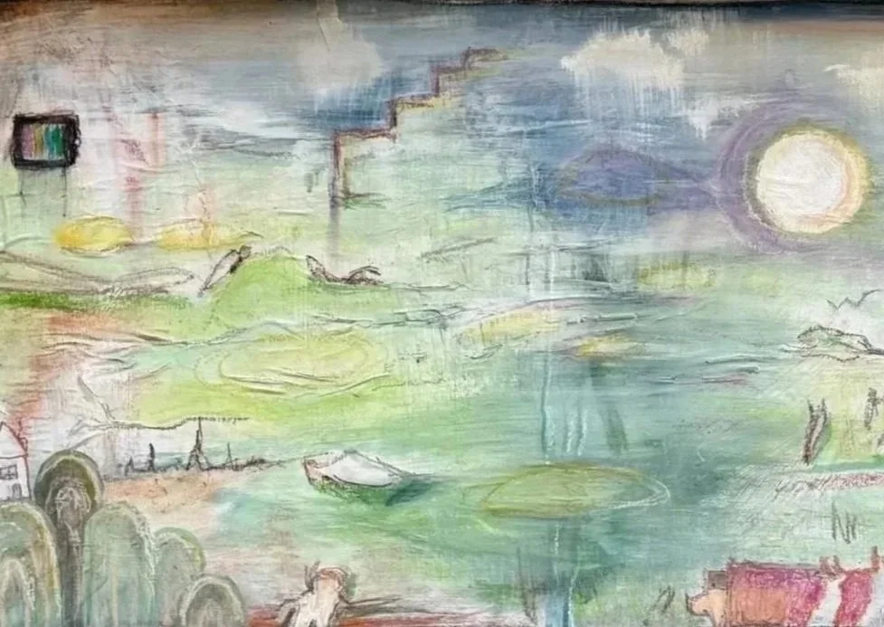 A colorful, abstract landscape painting with a sky featuring a large sun, water, boats, and various natural and architectural elements.