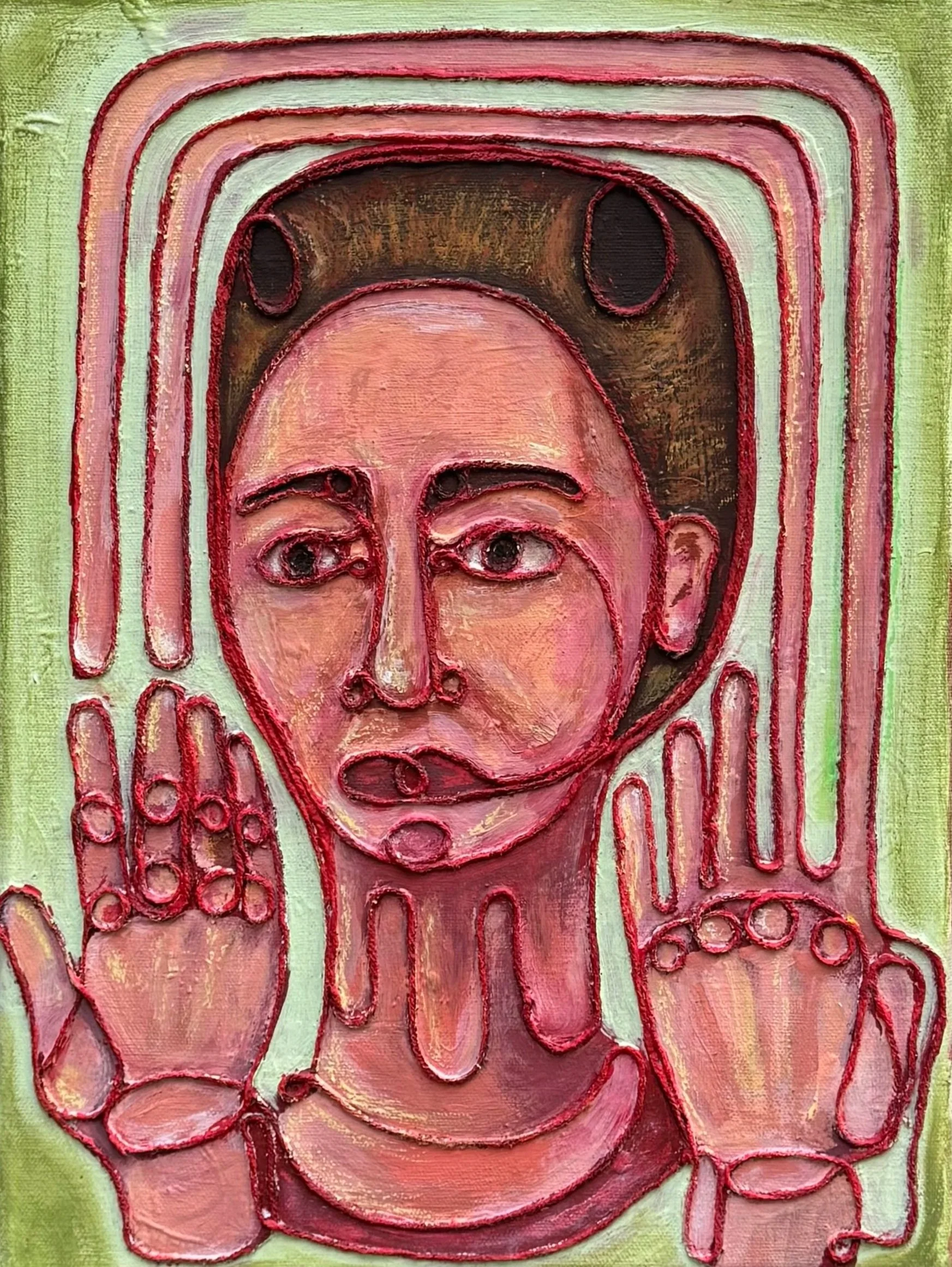 Figur aus einer einzigen roten Wollkontur auf Leinwand, die den Körper vollständig umschließt.