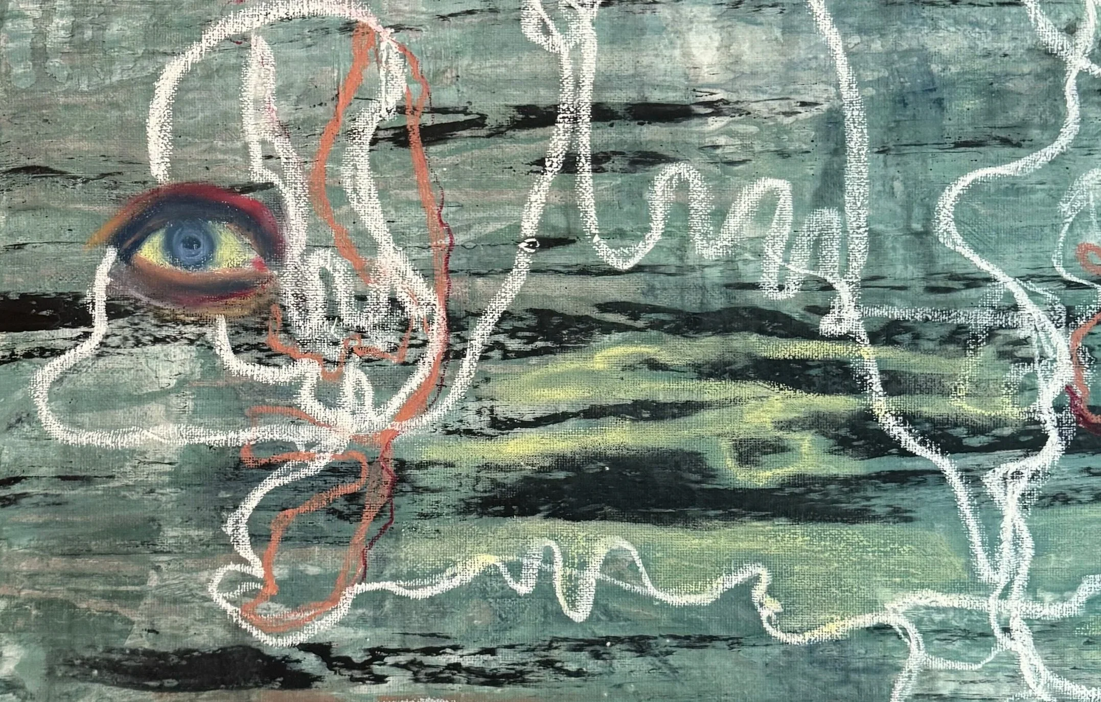 Eine aus verdichteten Linien gebildete Figur, ein Auge realistisch ausgearbeitet