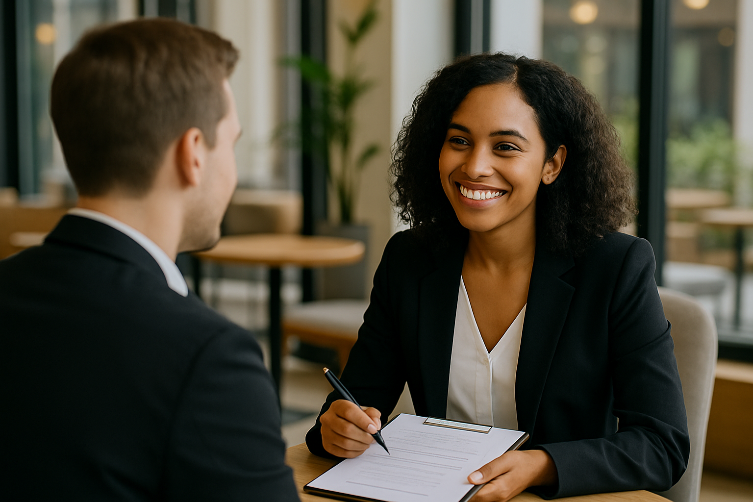 A woman in a black blazer sitting at a table, smiling and talking with a man in a suit during a professional meeting or interview.