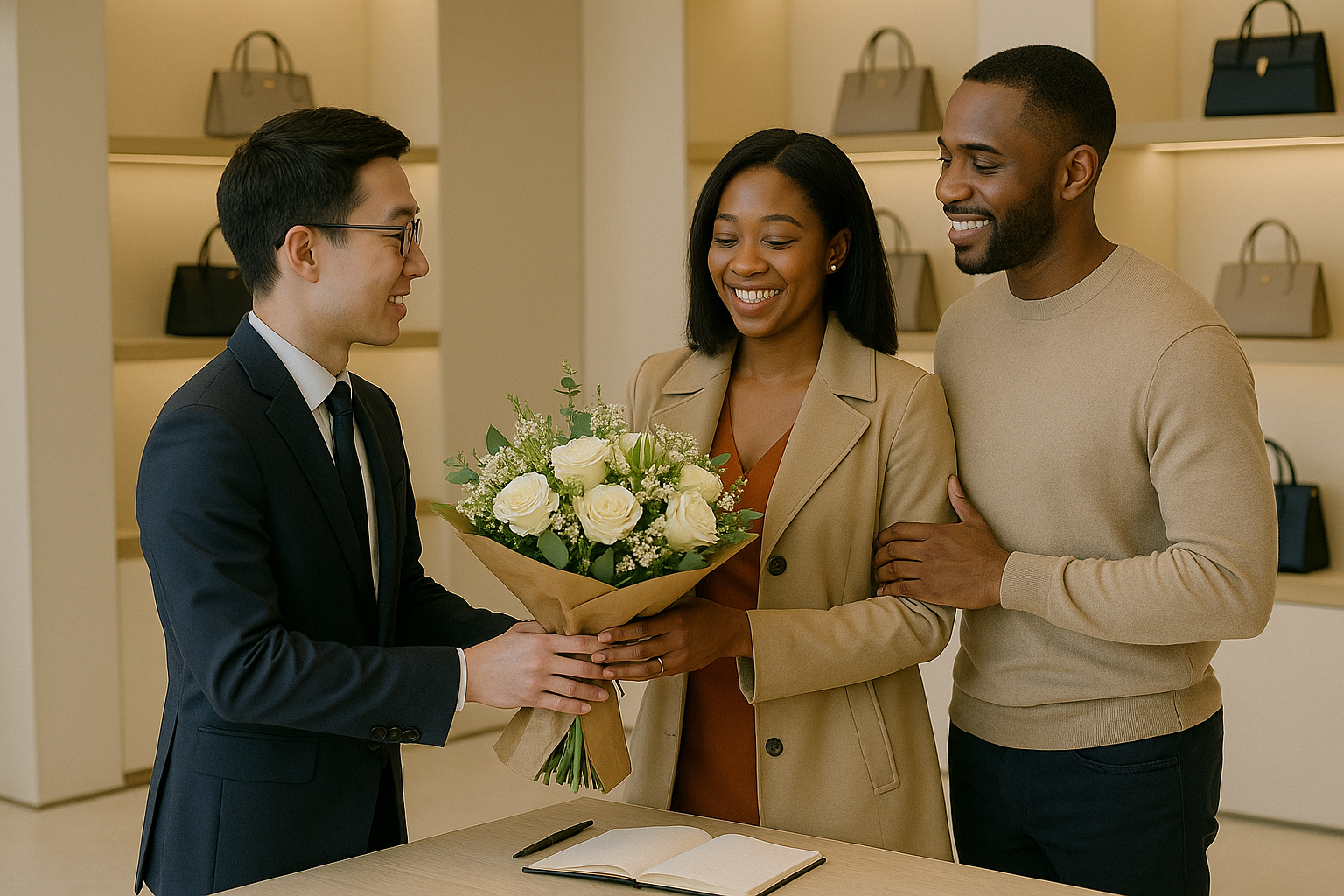 A man in a suit and glasses presents a bouquet of white roses to a smiling woman in a beige blazer, while a man in a tan sweater stands beside her, in a store with handbags on shelves in the background.