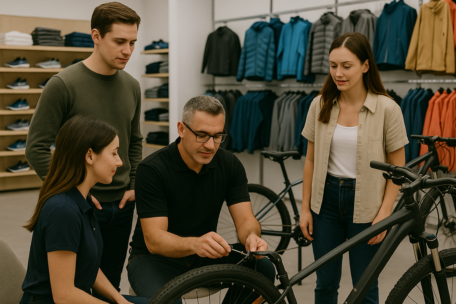 A salesperson demonstrates a bicycle to a group of four customers inside a sporting goods store.
