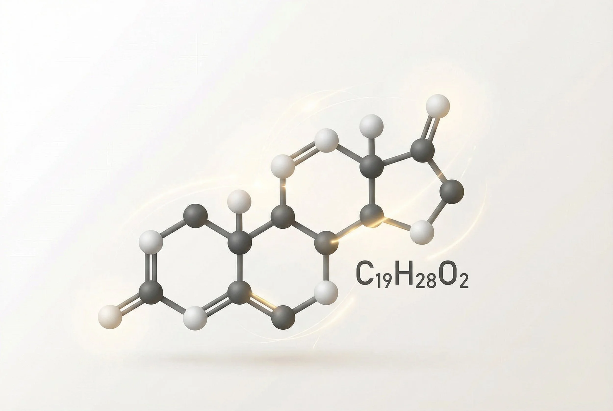 3D molecular model of a chemical compound with the formula C19H28O2 displayed nearby.