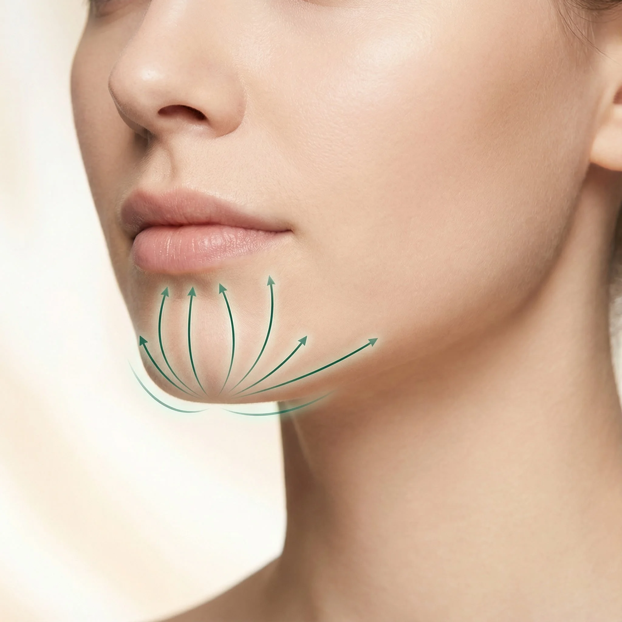 Close-up of a woman's face showing her chin and lower lip, with digital arrows indicating upward movement of skin and tissue beneath the chin.