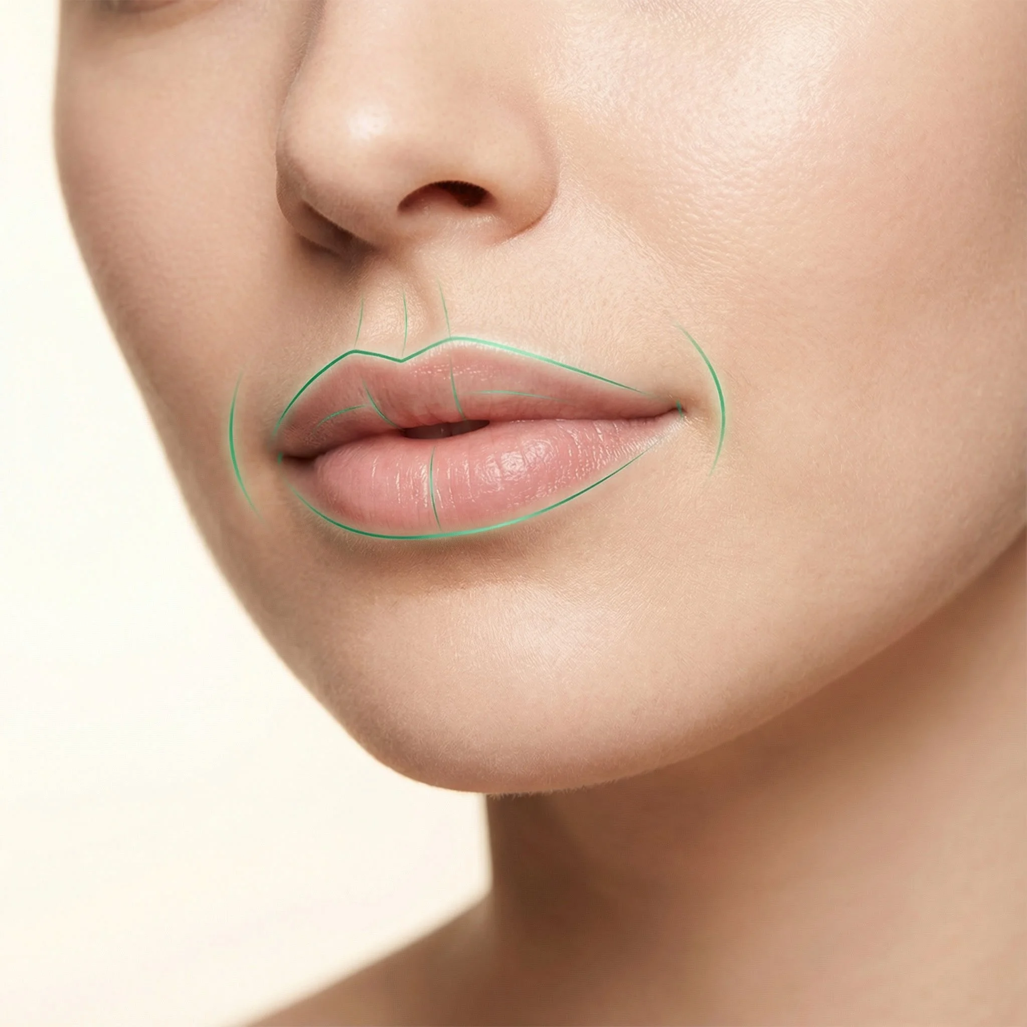 Close-up of a woman's face with green lines drawn around her lips, indicating areas for cosmetic or medical consultation.