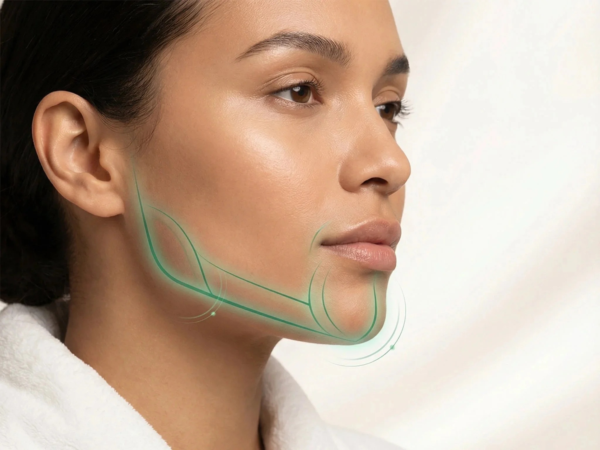 Close-up of a woman's face with a diagram of a facial contouring or skincare treatment overlaying the jawline and chin area.