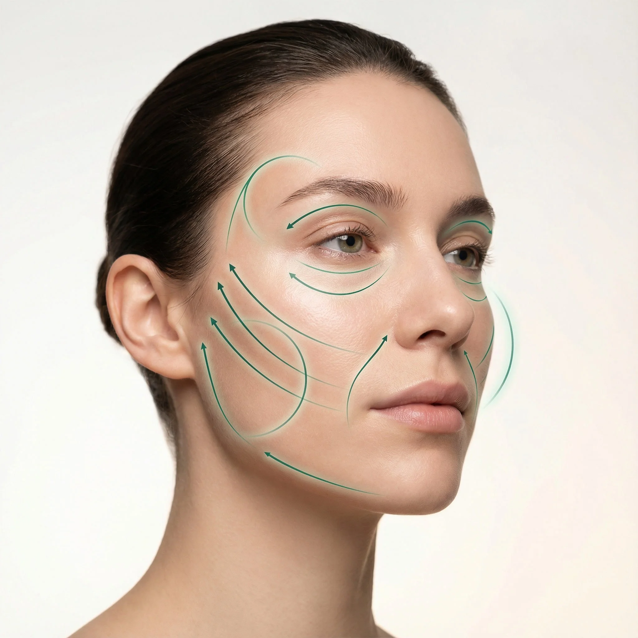 A woman with dark hair and light skin, looking slightly to the side, with green diagram lines illustrating facial massage or treatment techniques around her face, including her forehead, cheeks, and jawline.