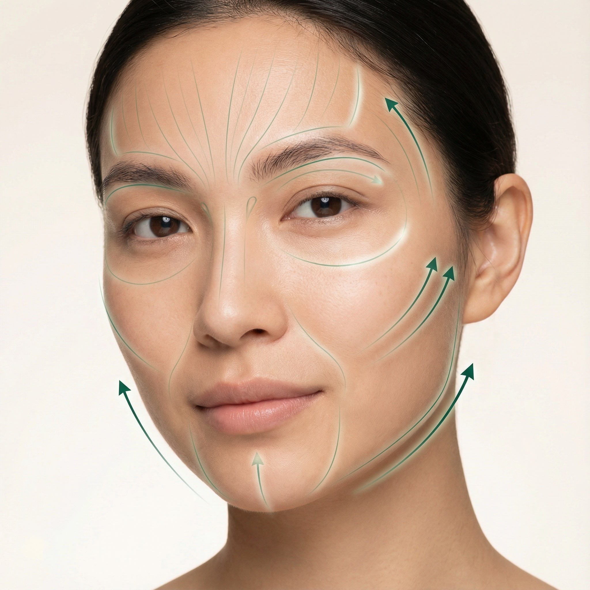 A woman with a diagram of facial massage or skincare acupuncture points over her face, showing various lines and arrows indicating massage directions.