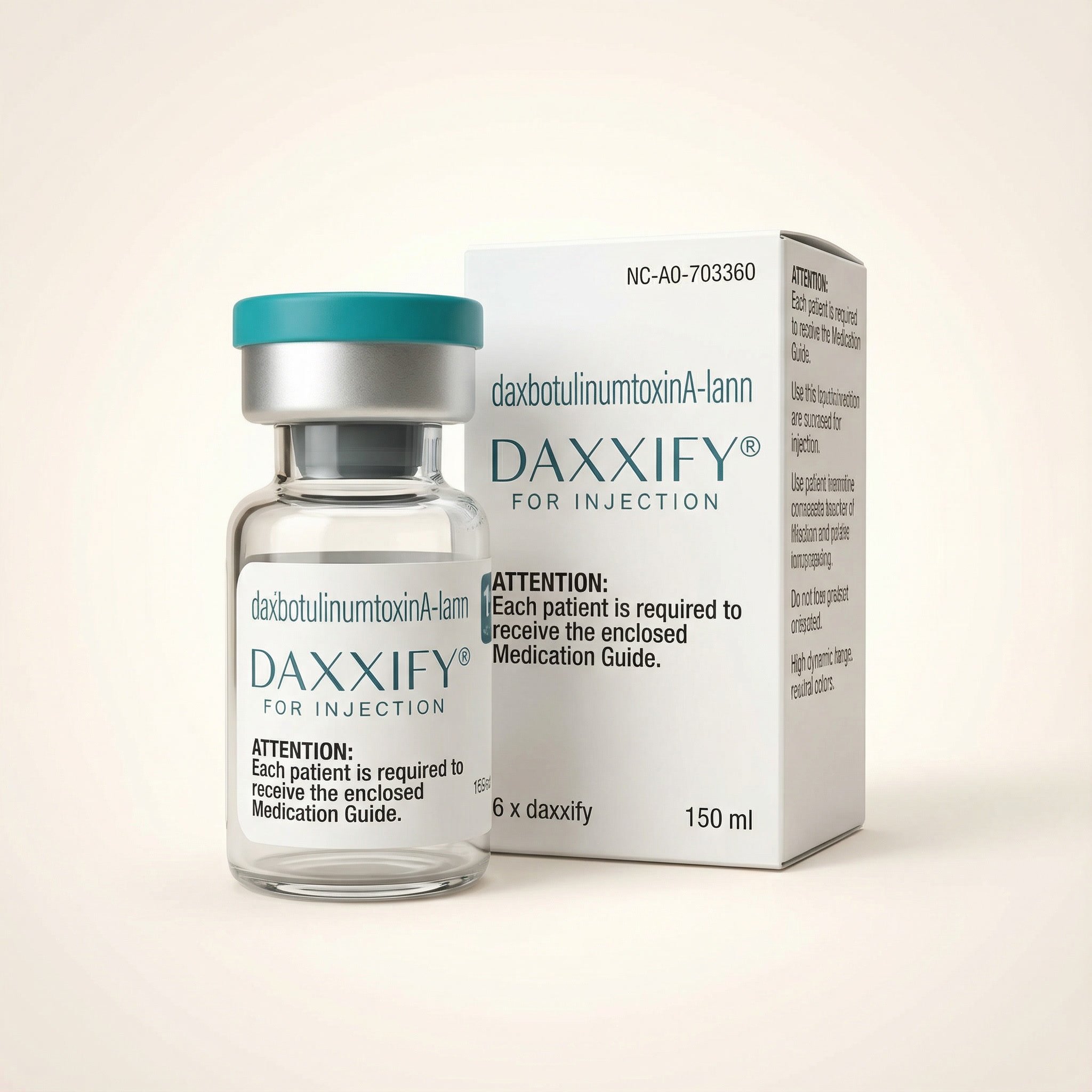 A small glass vial with a teal cap labeled 'daxbotulinumtoxinA-lann DAXXIFY FOR INJECTION' next to a white box with similar branding, indicating a medication for injection.