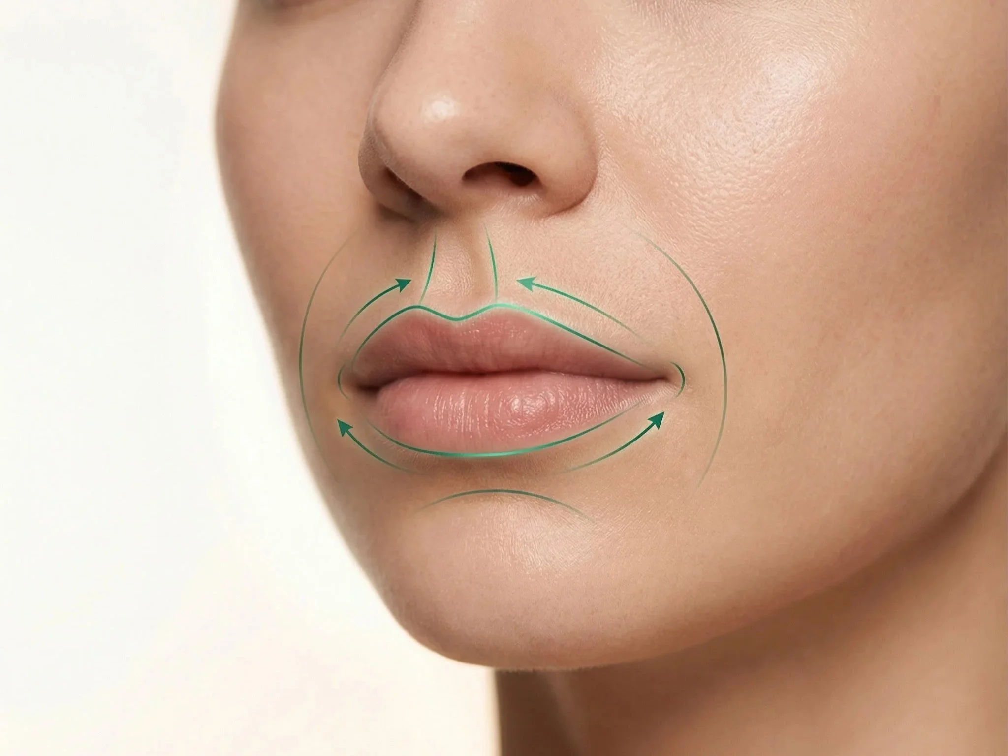 Close-up of a woman's face showing diagrammed lines and arrows around her lips, nose, and chin indicating facial massage or skincare technique.