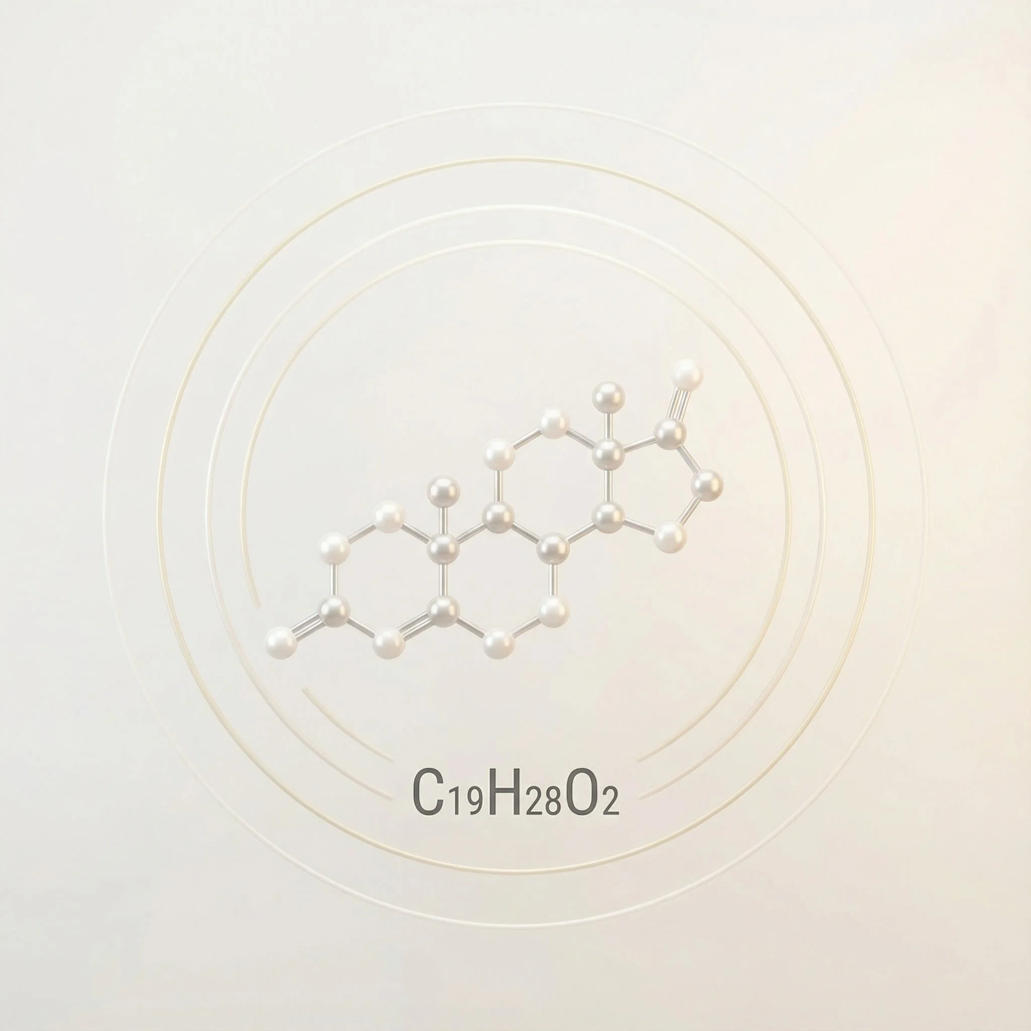 3D molecular model of the chemical compound C19H28O2, with atoms represented as spheres and bonds as sticks, on a light background with concentric circles.