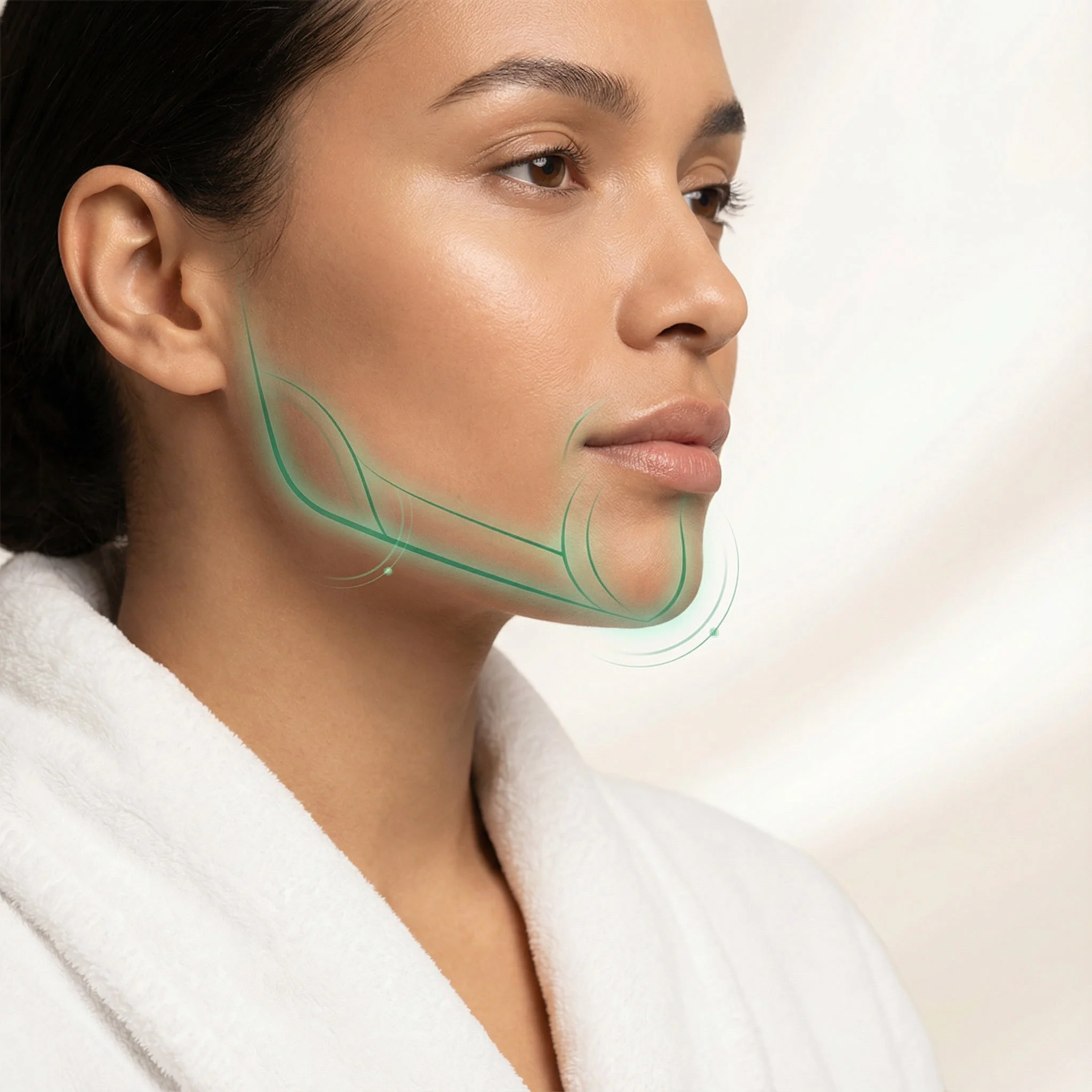 Close-up of a woman's face with a diagram of facial contour lines overlaid, showing the jawline and neck area.