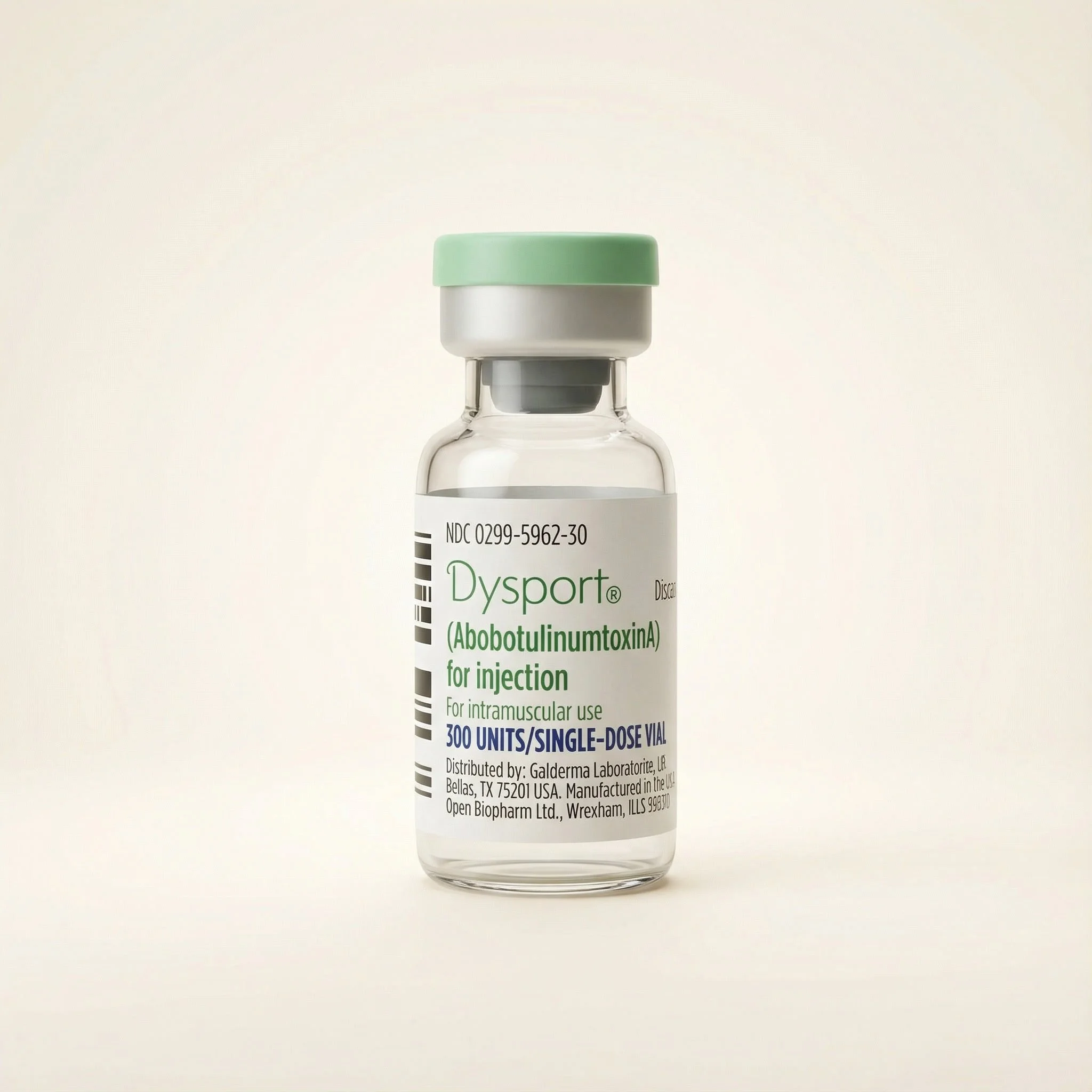A small glass vial labeled Dyport, containing AbobotulinumtoxinA for injection, with a green and gray cap and a white background.