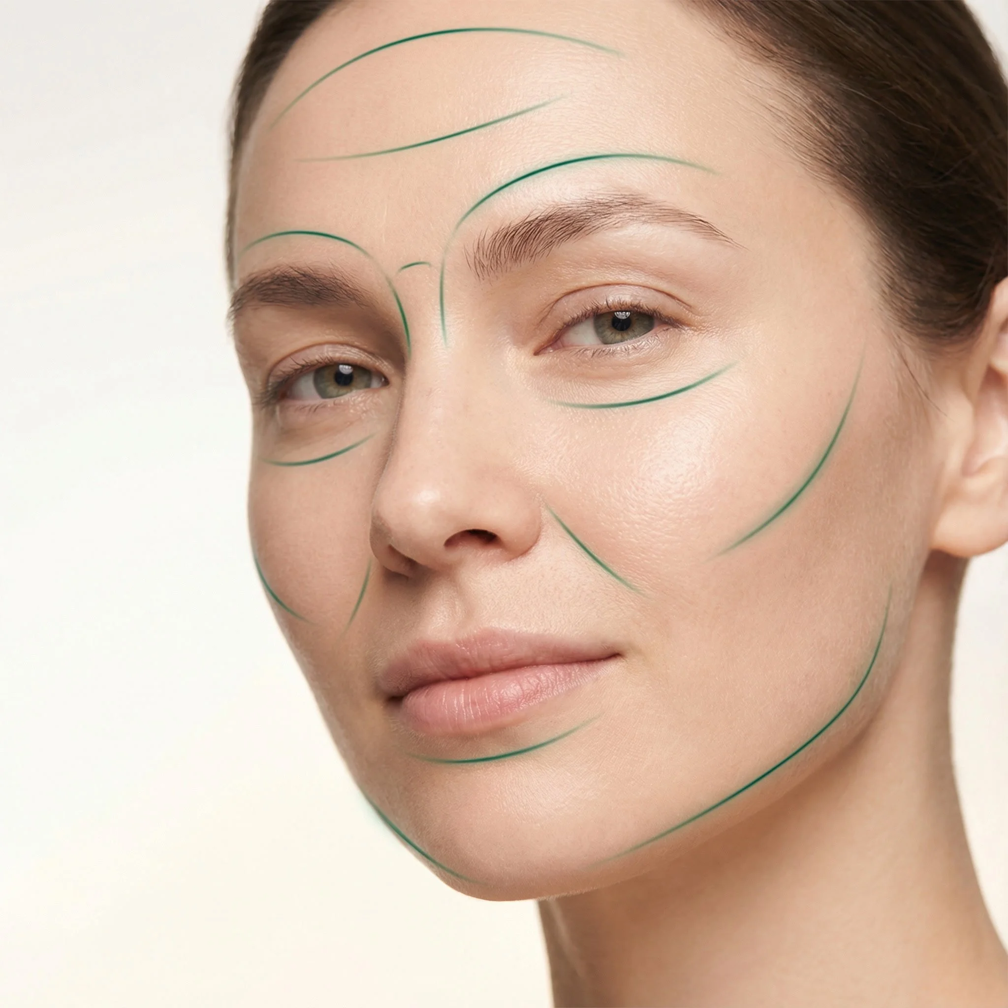 A woman with makeup lines drawn on her face for facial mapping.