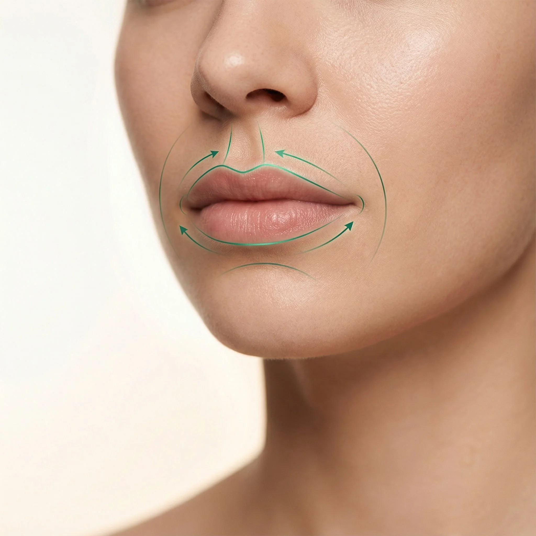 Close-up of a woman's face with green contour lines indicating areas around the nose, lips, and chin for a cosmetic or skincare procedure.