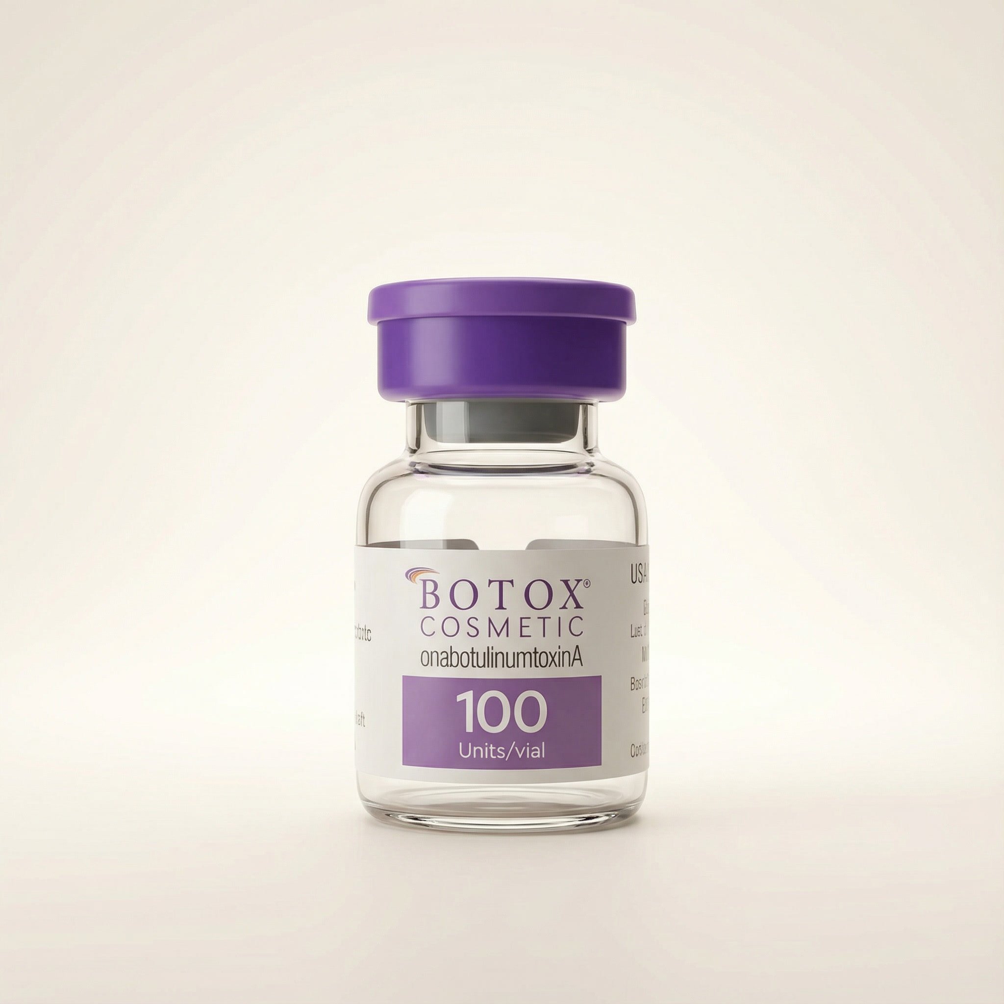 A small clear glass vial with a purple cap, labeled 'BOTOX COSMETIC onabotulinumtoxinA 100 Units/vial'